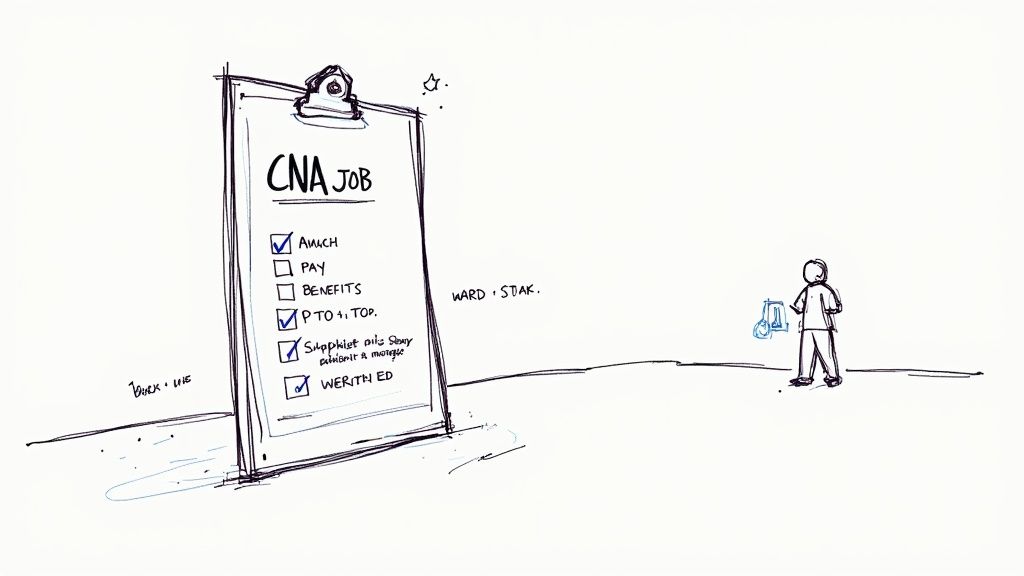 A CNA in an interview, asking thoughtful questions to the hiring manager.