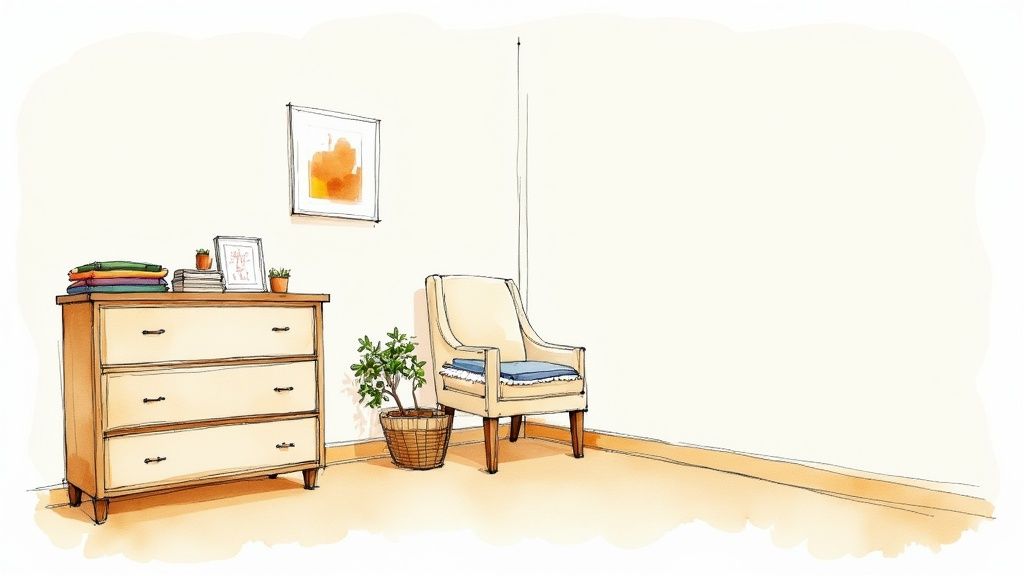 A calm and organized living space with soft lighting, suitable for a dementia patient