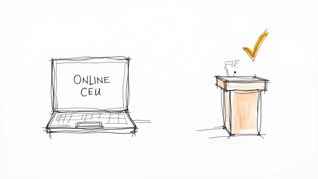 A nurse in blue scrubs smiles while using a laptop for an online class, with a stethoscope around her neck.