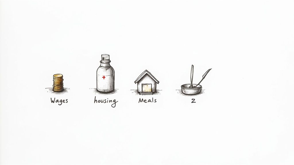 A hand holding a calculator with pay stubs and a stethoscope nearby, symbolizing the financial aspects of a travel CNA career.