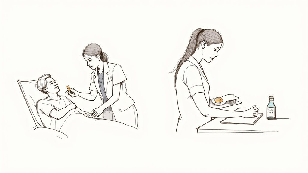 Two healthcare professionals, one assisting a patient in bed while the other reviews a chart.