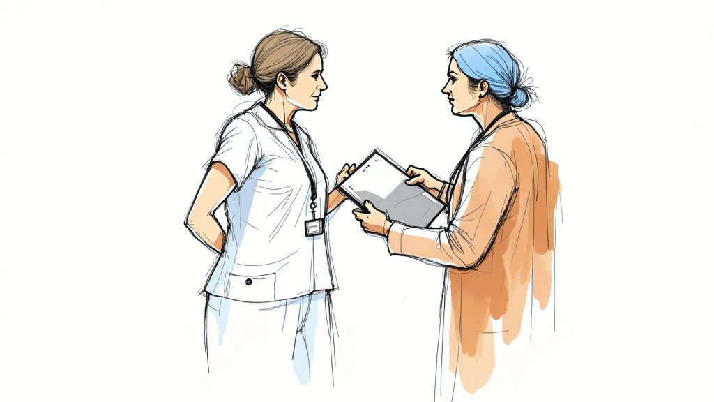 A mentor CNA guides a new CNA, showing her how to document patient information on a tablet.