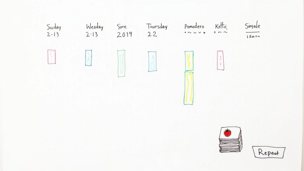 A person organizes their study schedule with a calendar, planner, and colorful sticky notes, creating a visually structured plan.