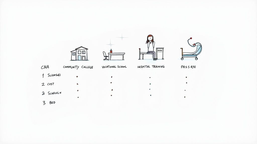 A female student in scrubs smiles while looking at a textbook in a library setting.