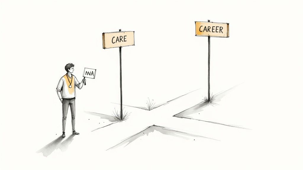 A CNA smiling while assisting an elderly patient in a wheelchair.