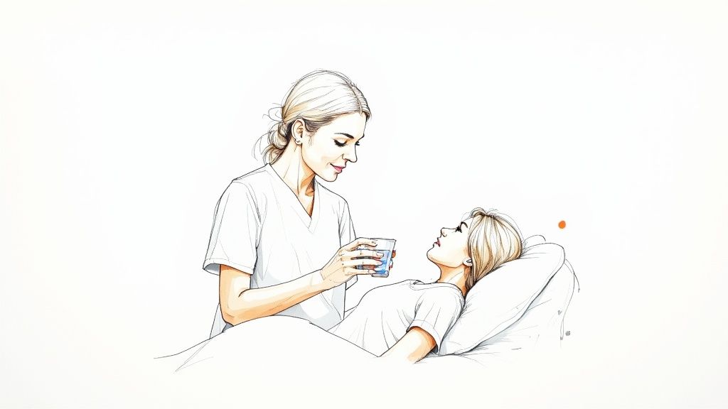 A CNA taking a patient's blood pressure in a calm healthcare setting.