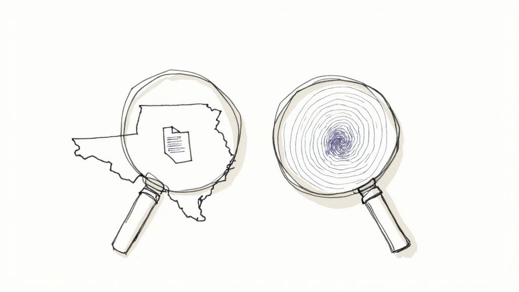 A magnifying glass hovering over a document, illustrating the detailed review involved in a CNA background check.