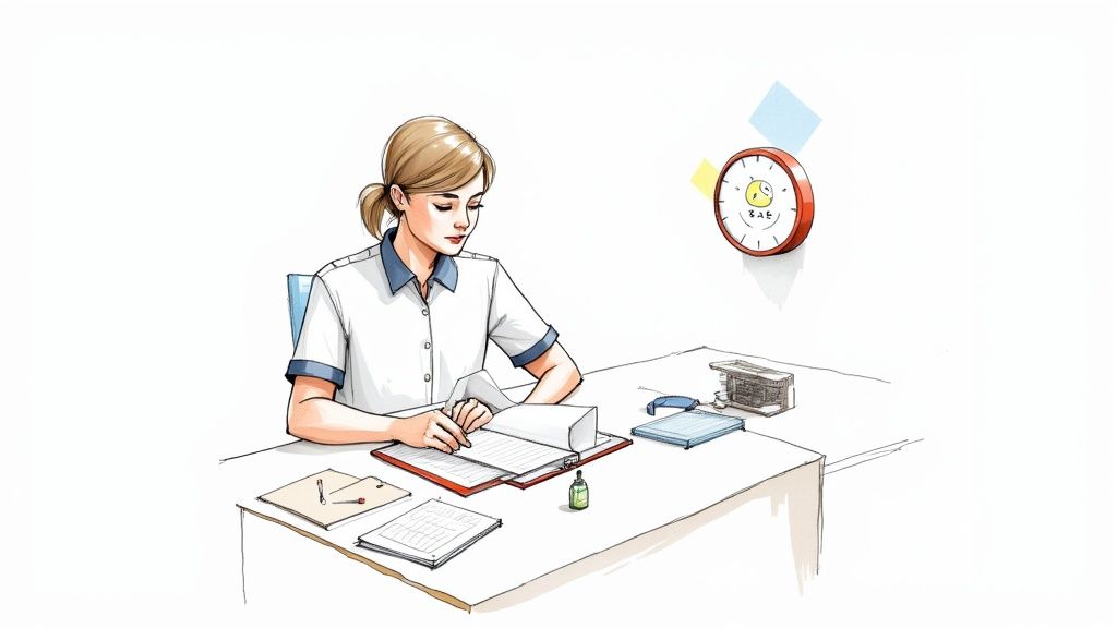 A confident CNA student in uniform smiles, ready for her skills test.