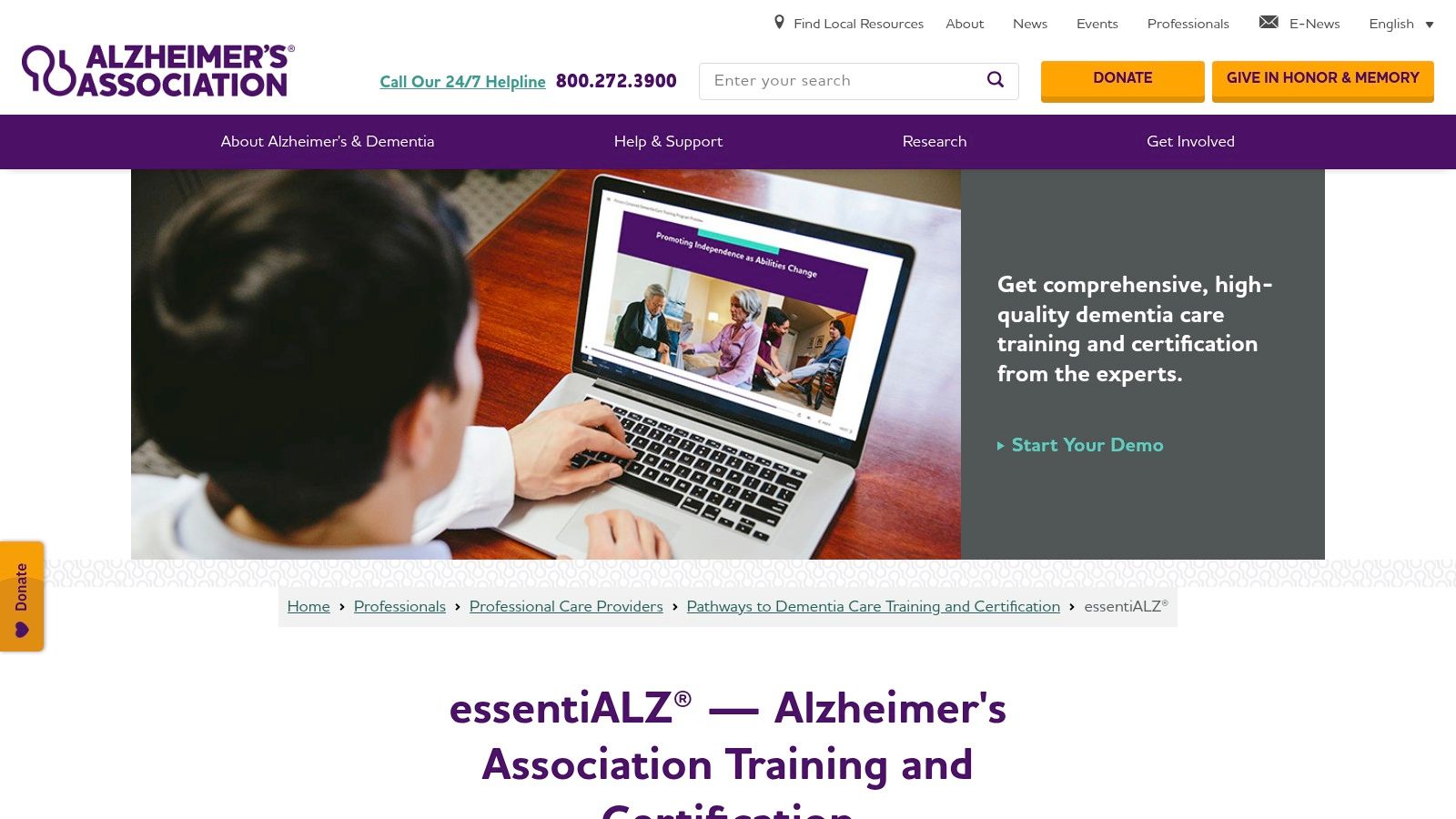 Alzheimer’s Association – essentiALZ Dementia Care Training & Certification