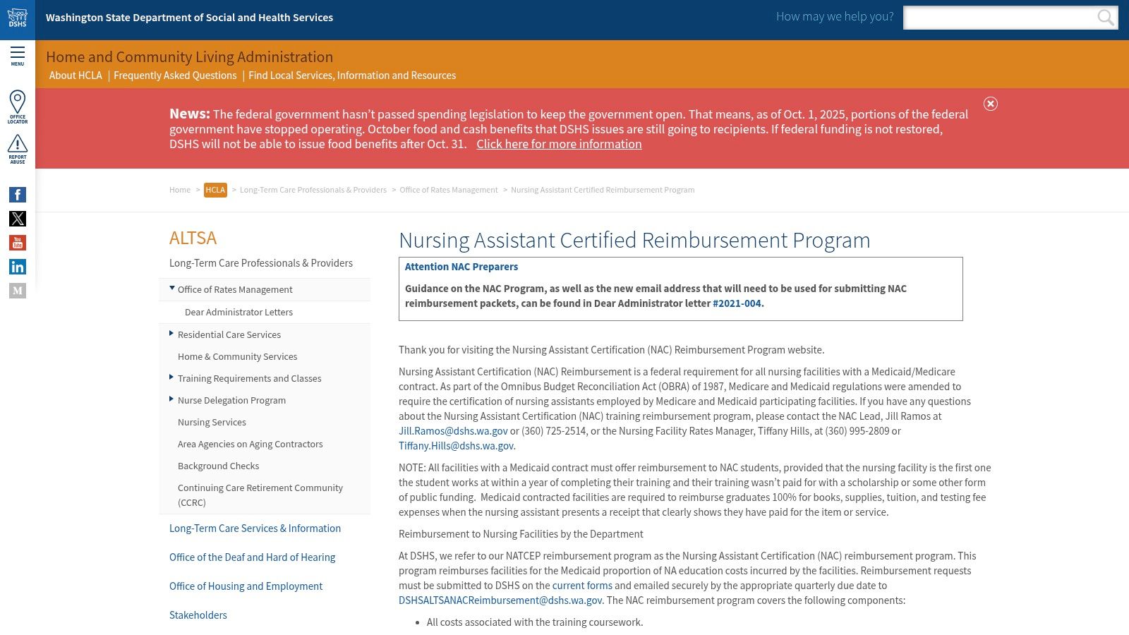Washington State DSHS – Nursing Assistant Certified (NAC) Reimbursement Program