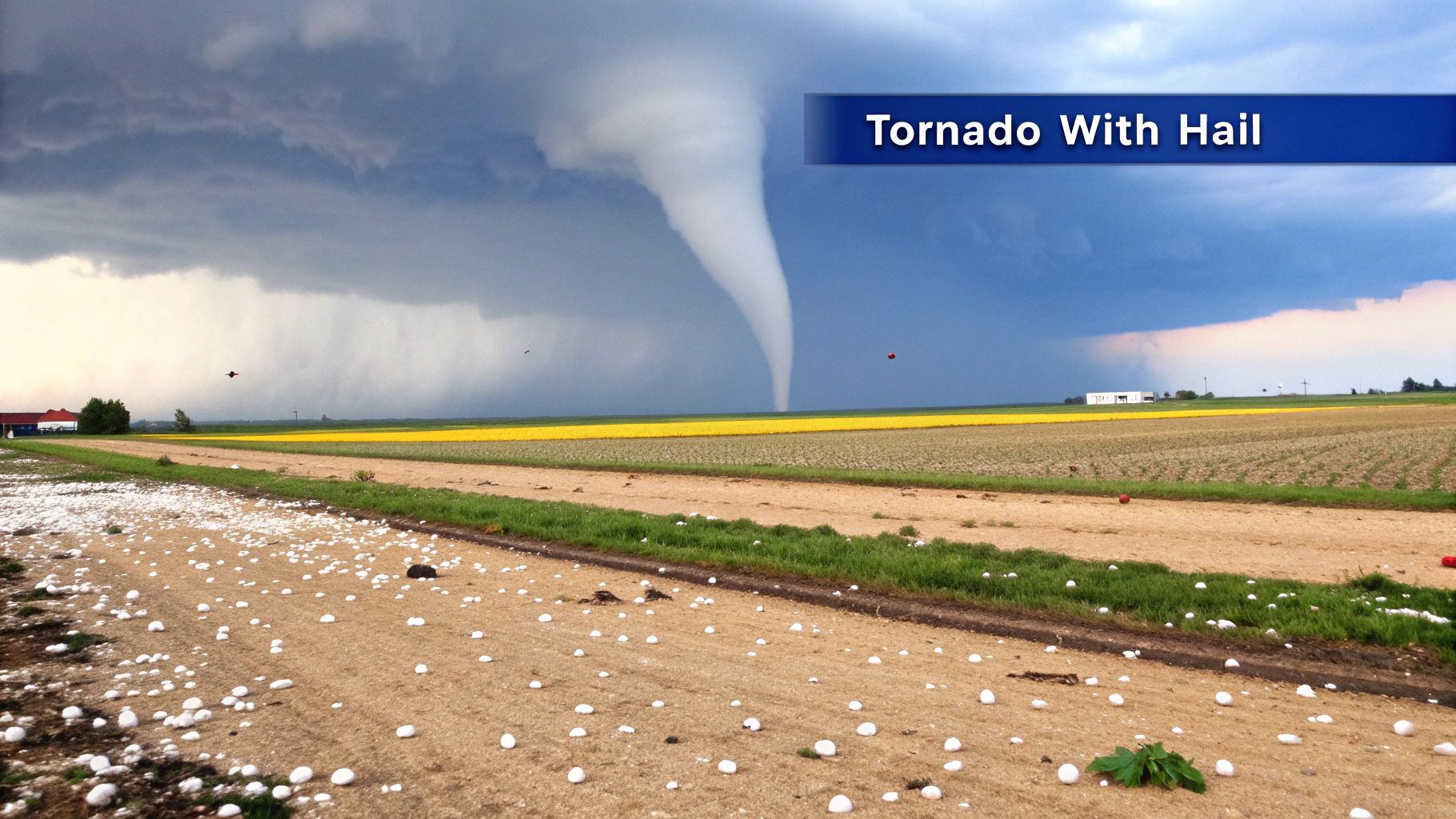 A dramatic supercell thunderstorm forming over a rural landscape, indicative of conditions that can produce a tornado with hail.