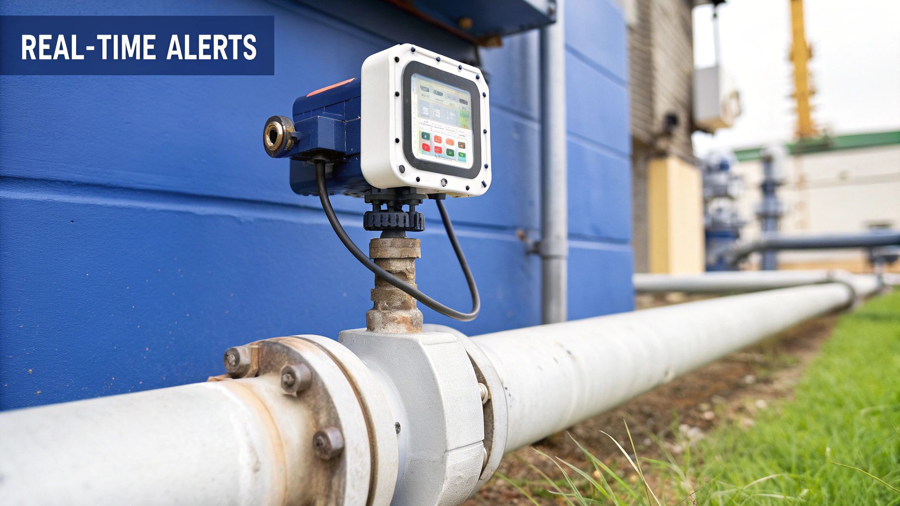 A worker using a tablet to monitor industrial water infrastructure.