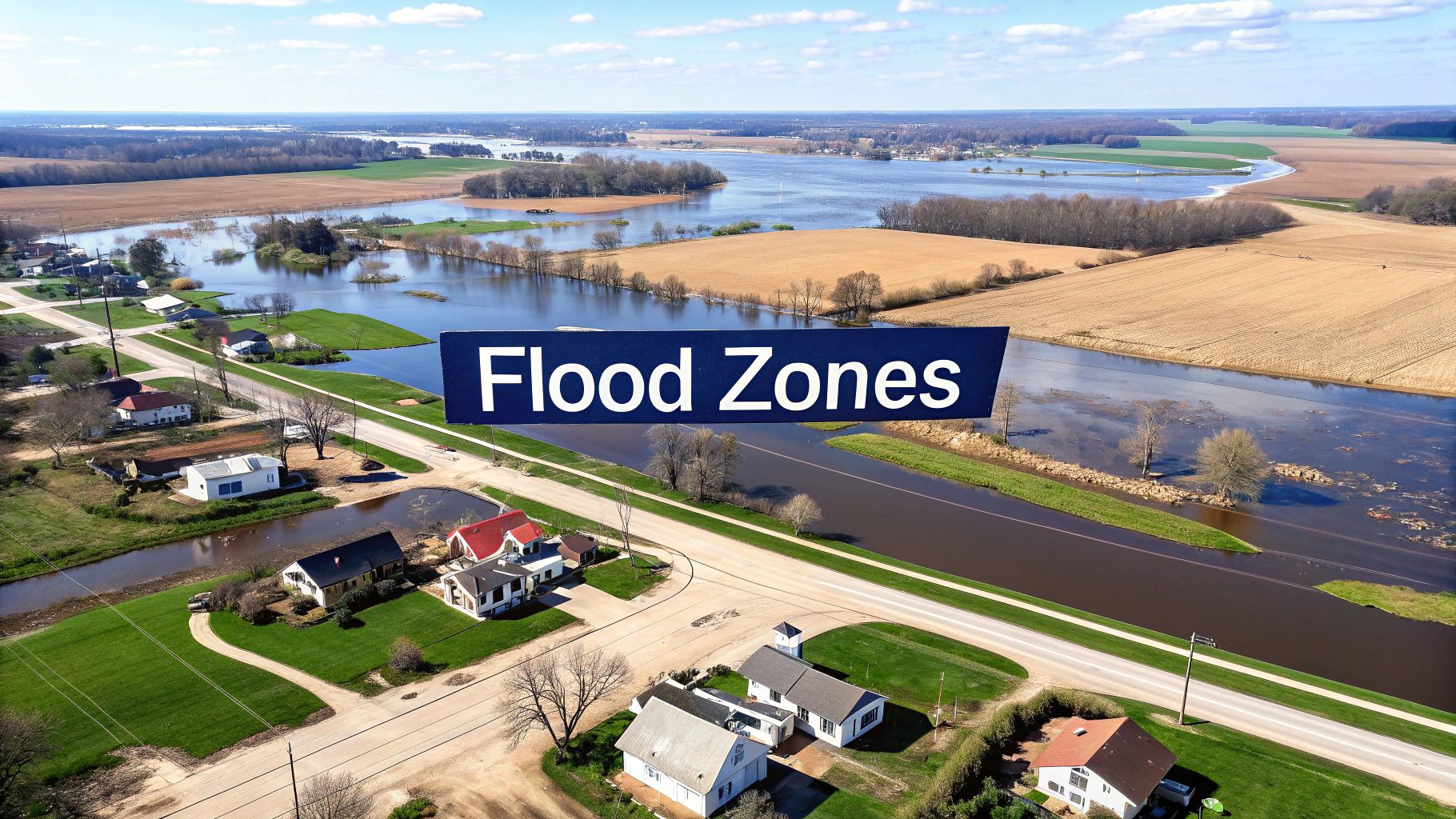 A road is flooded after a natural disaster, with a submerged car visible.