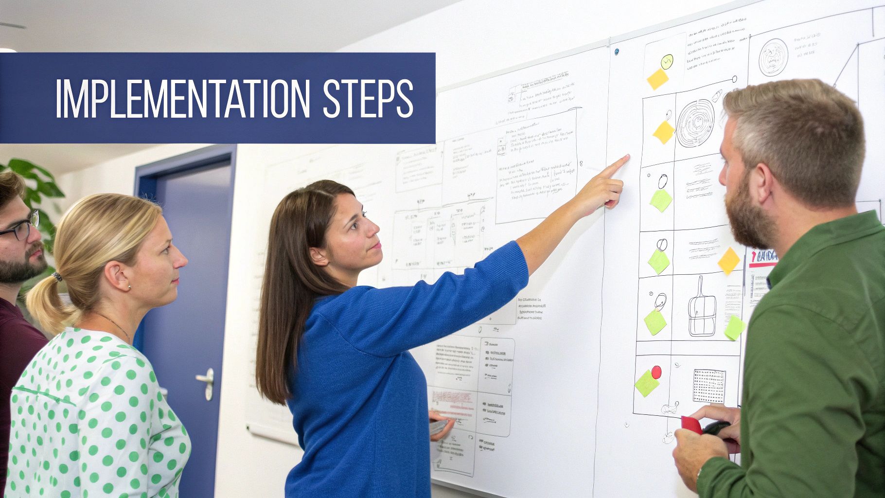 A professional team in an office discussing a project around a digital interface, symbolizing the planning required to navigate data implementation.