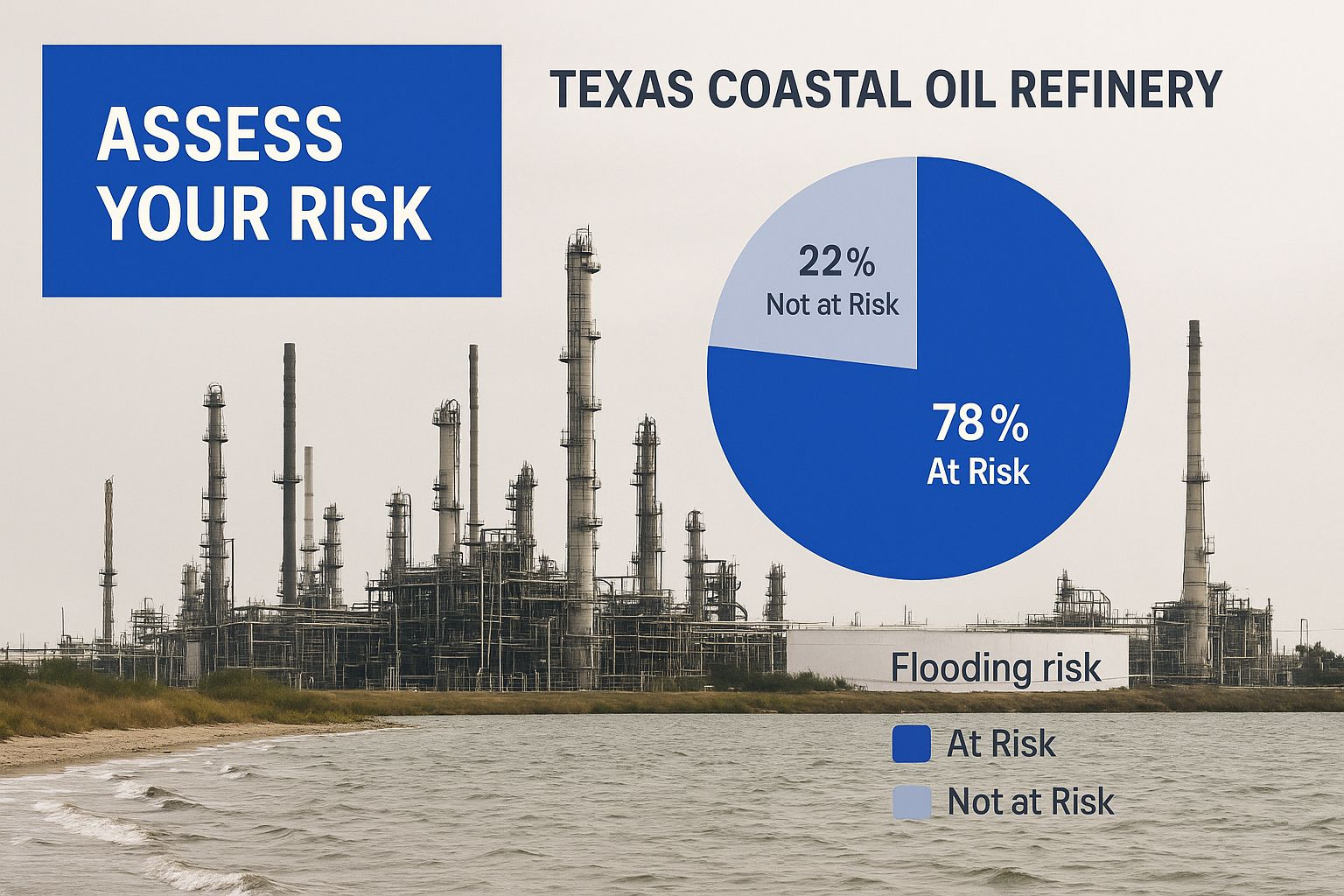 Infographic of a Texas coastal oil refinery with text reading 'Assess Your Risk'.