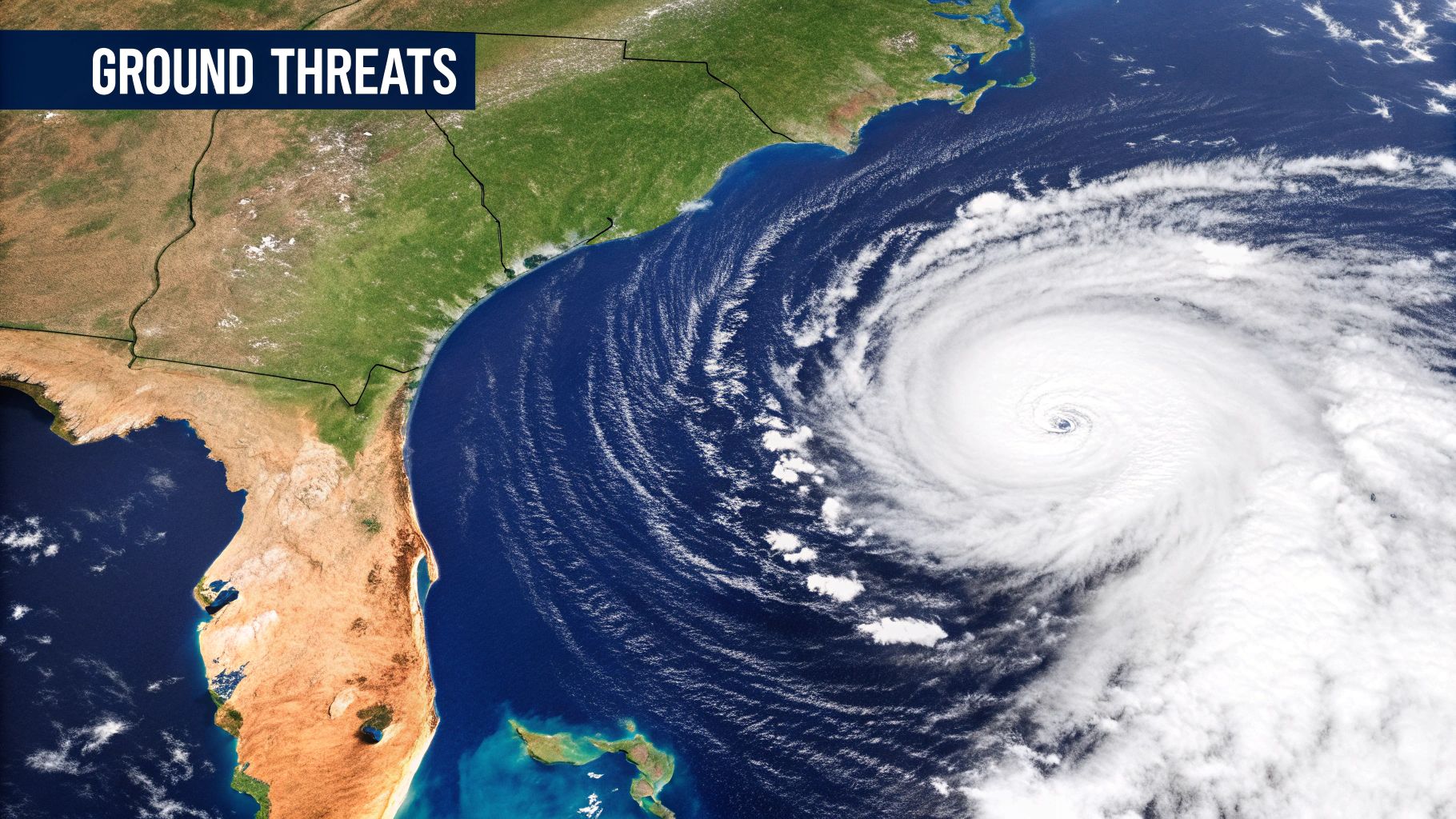 A satellite view of a powerful hurricane over the ocean, showing the well-defined eye and swirling rainbands.