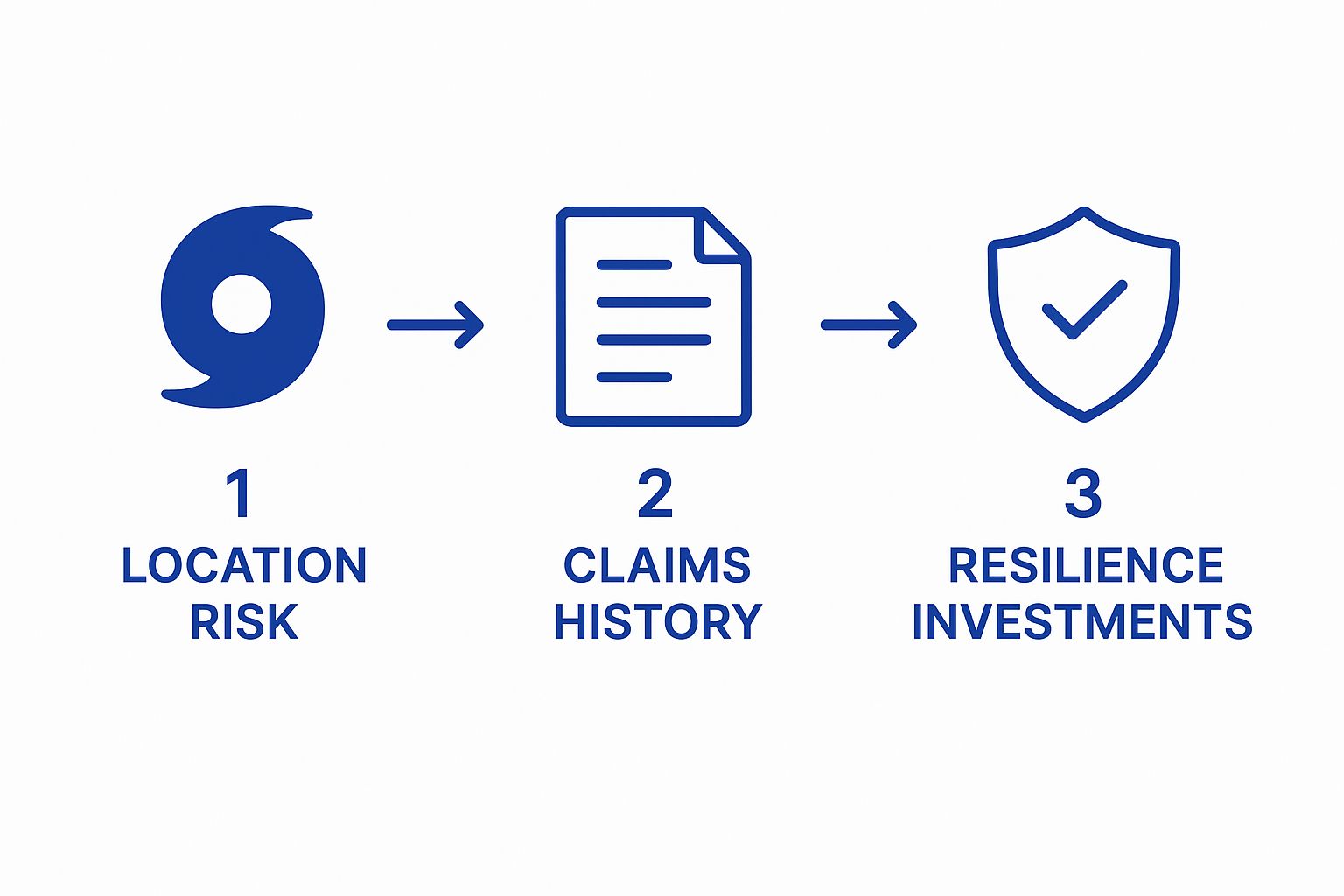 Infographic showing that Location Risk, Claims History, and Resilience Investments influence insurance premiums.
