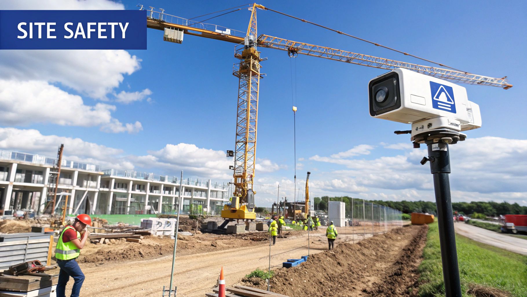 A construction site with a crane against a partly cloudy sky