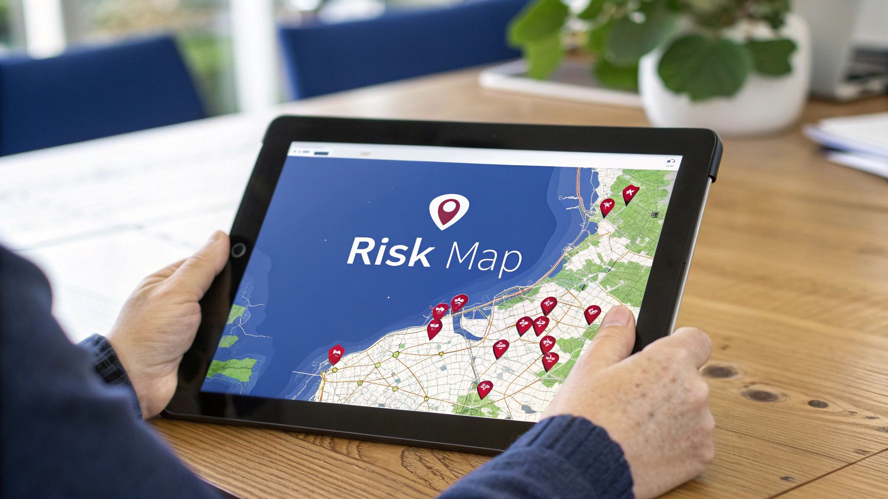 A risk manager using a tablet to assess a large industrial facility.