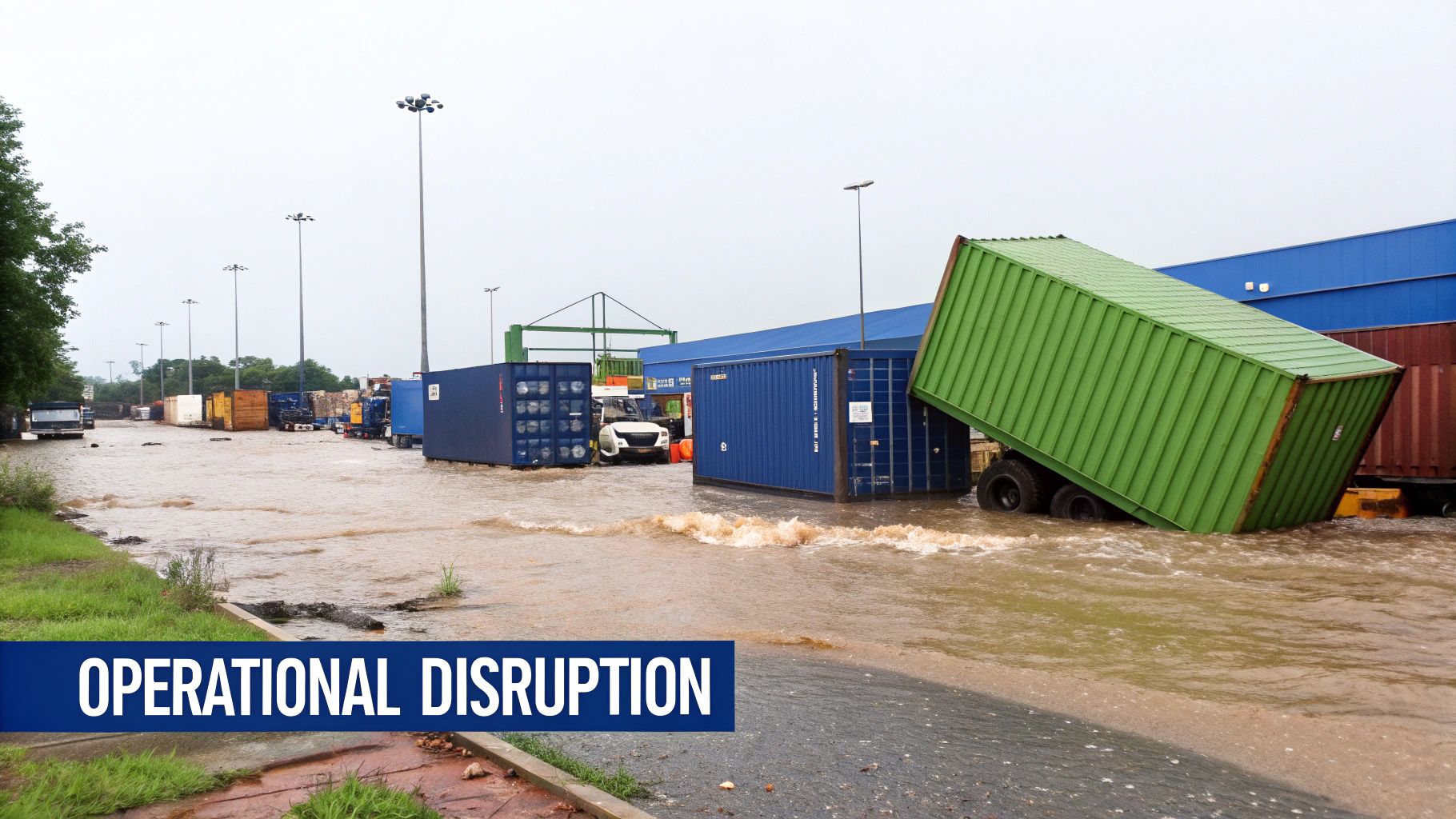A flooded industrial district with warehouses and trucks partially submerged in brown water.