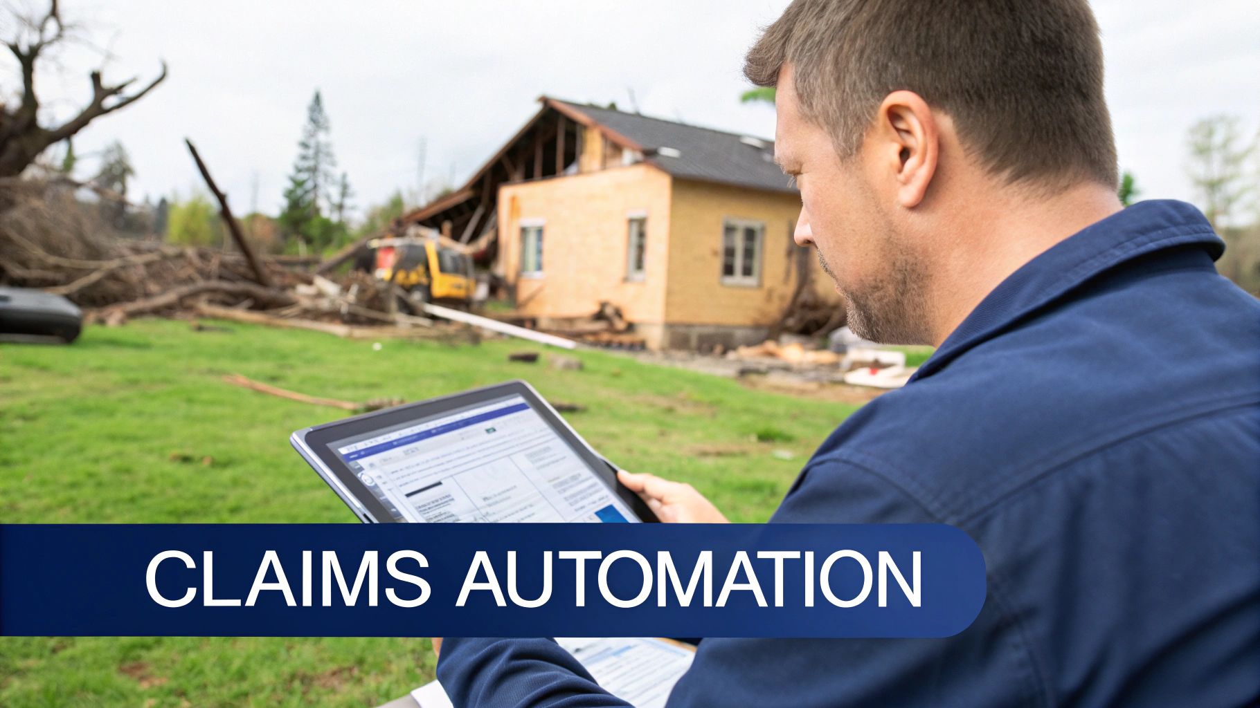 An insurance claims adjuster works on a laptop in front of a storm-damaged building