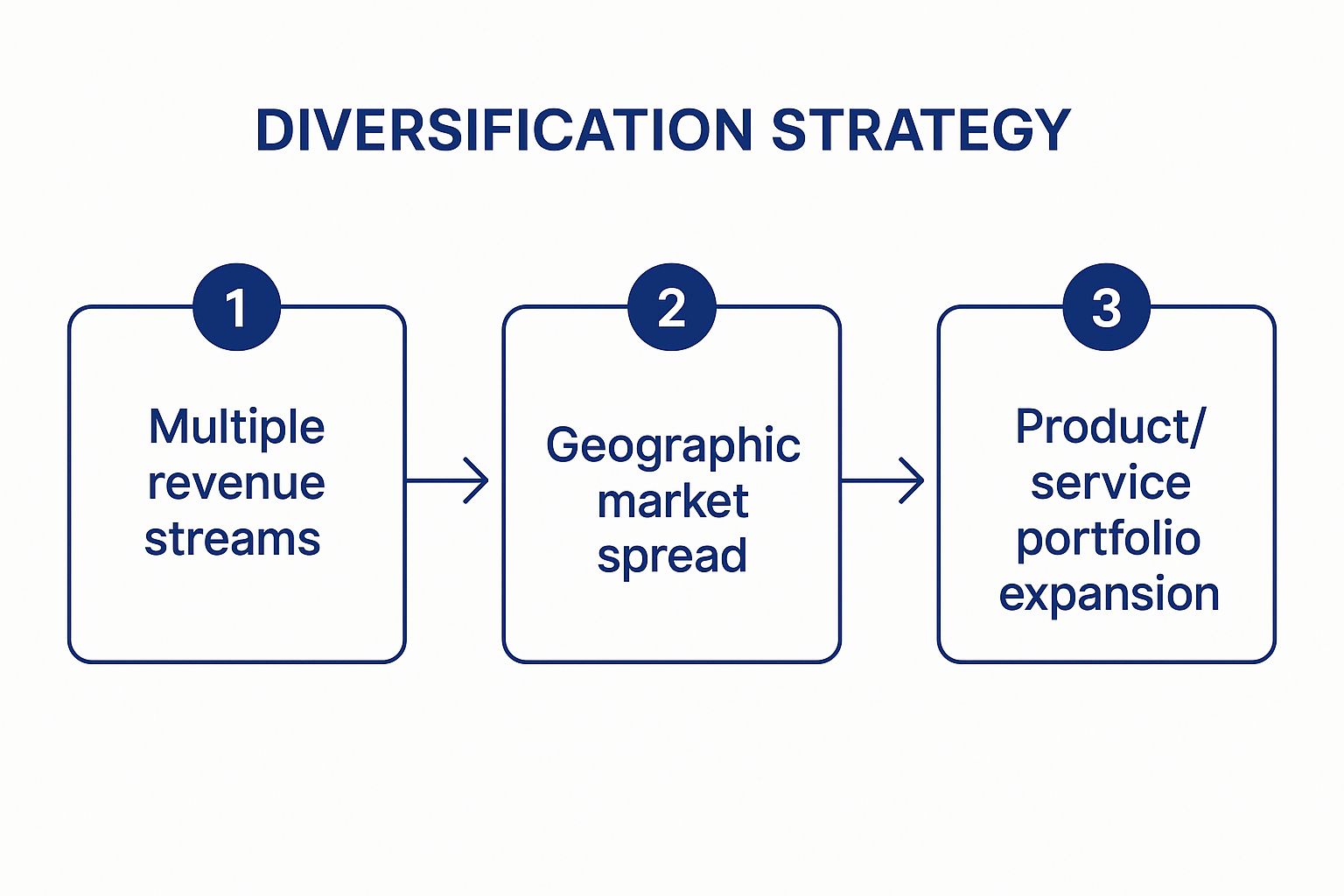 Infographic showing a three-step process for implementing a diversification strategy, including creating multiple revenue streams, expanding geographic markets, and broadening the product/service portfolio.