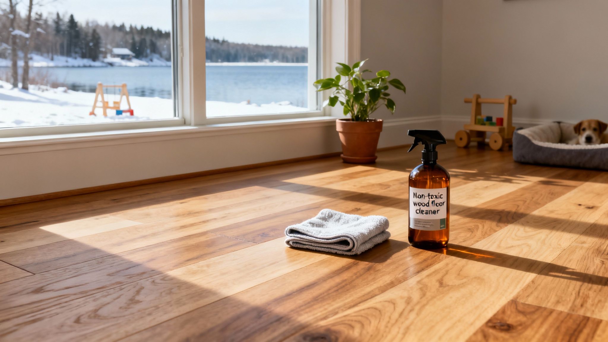 Non-toxic wood floor cleaner bottle and microfiber cloth on a sunny wooden floor.