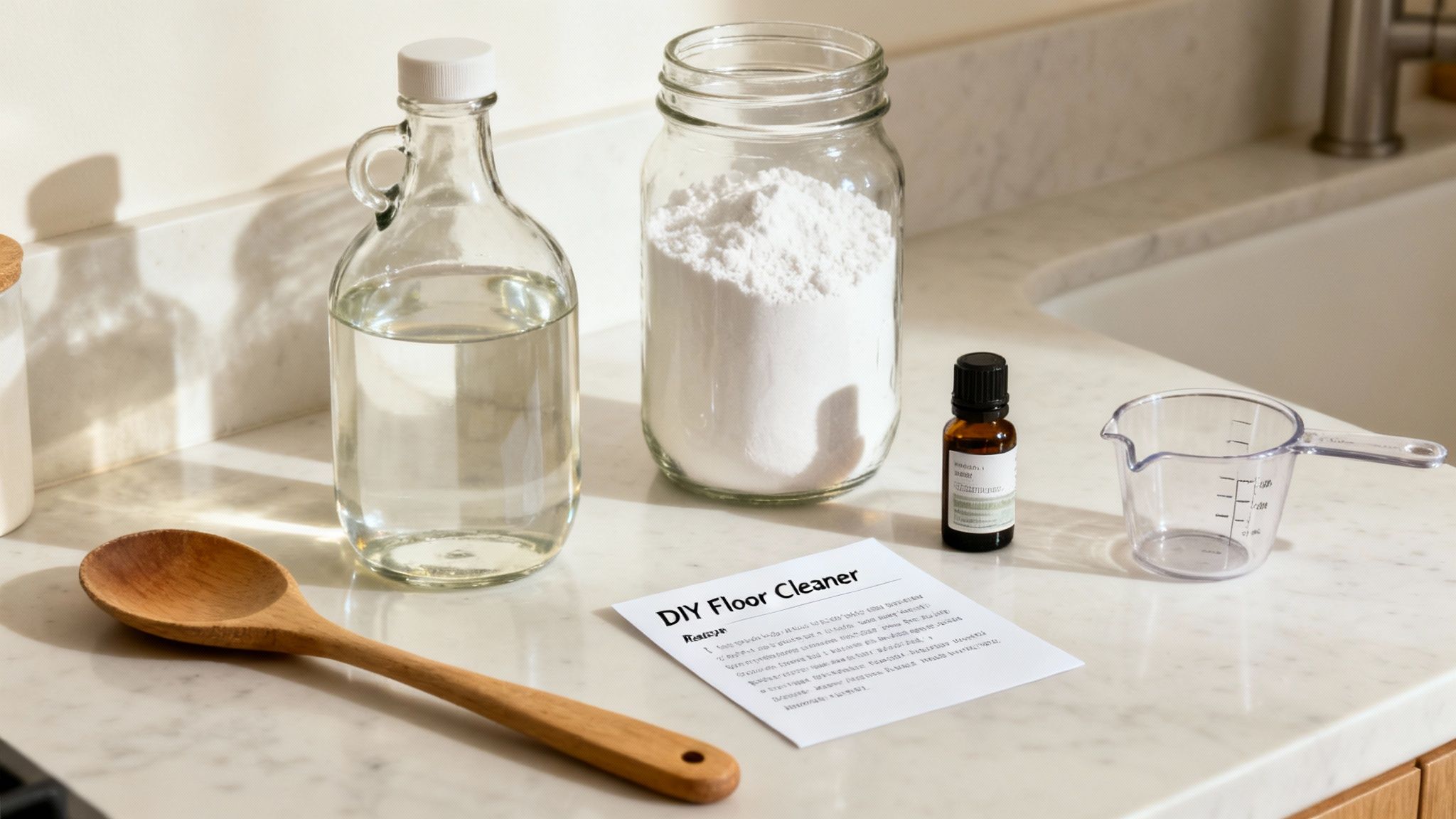 Ingredients like vinegar, baking soda, and essential oil laid out for a DIY natural floor cleaner recipe on a kitchen counter.