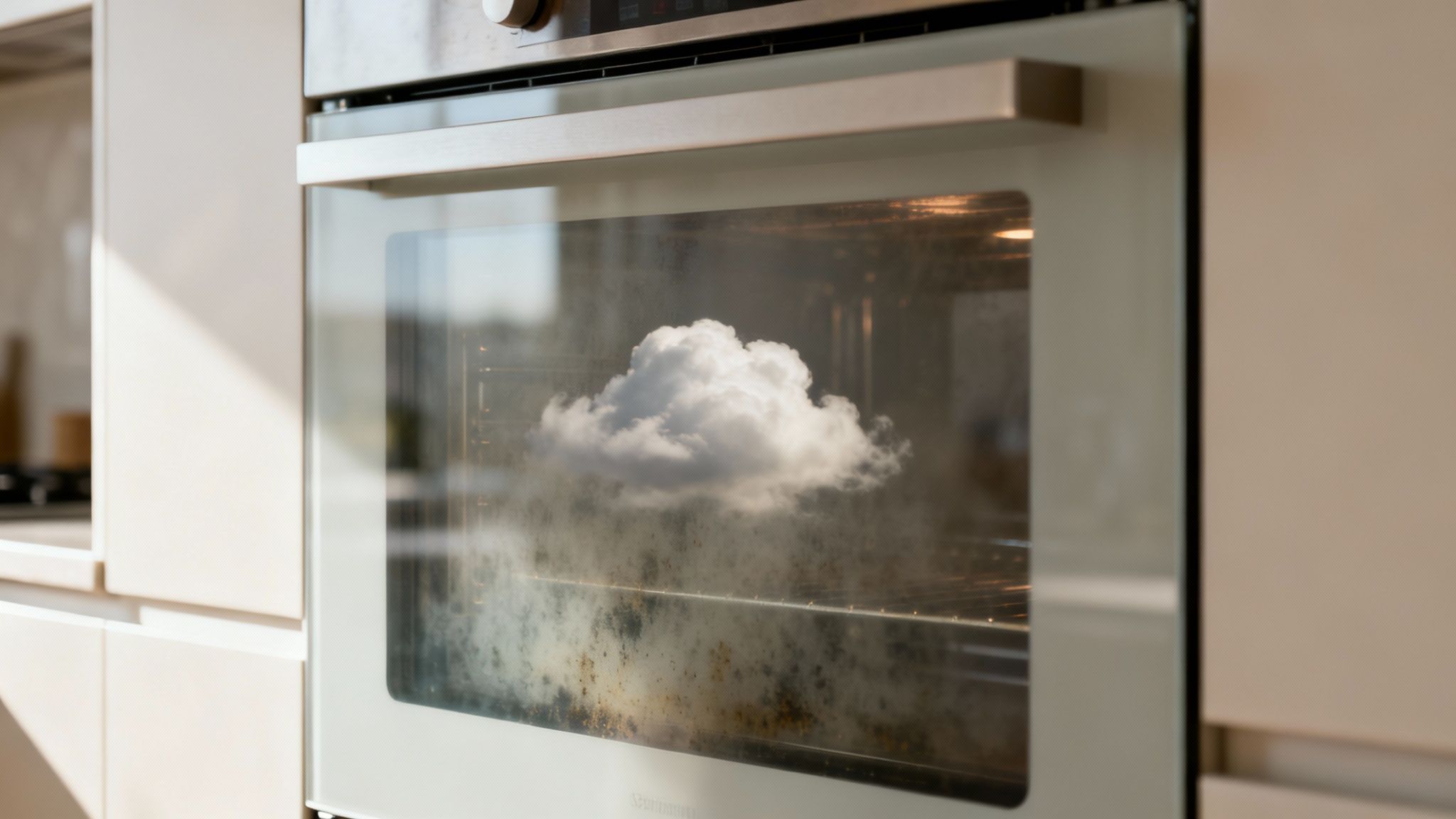 A surreal white cloud floats inside a dirty glass oven in a modern kitchen setting.
