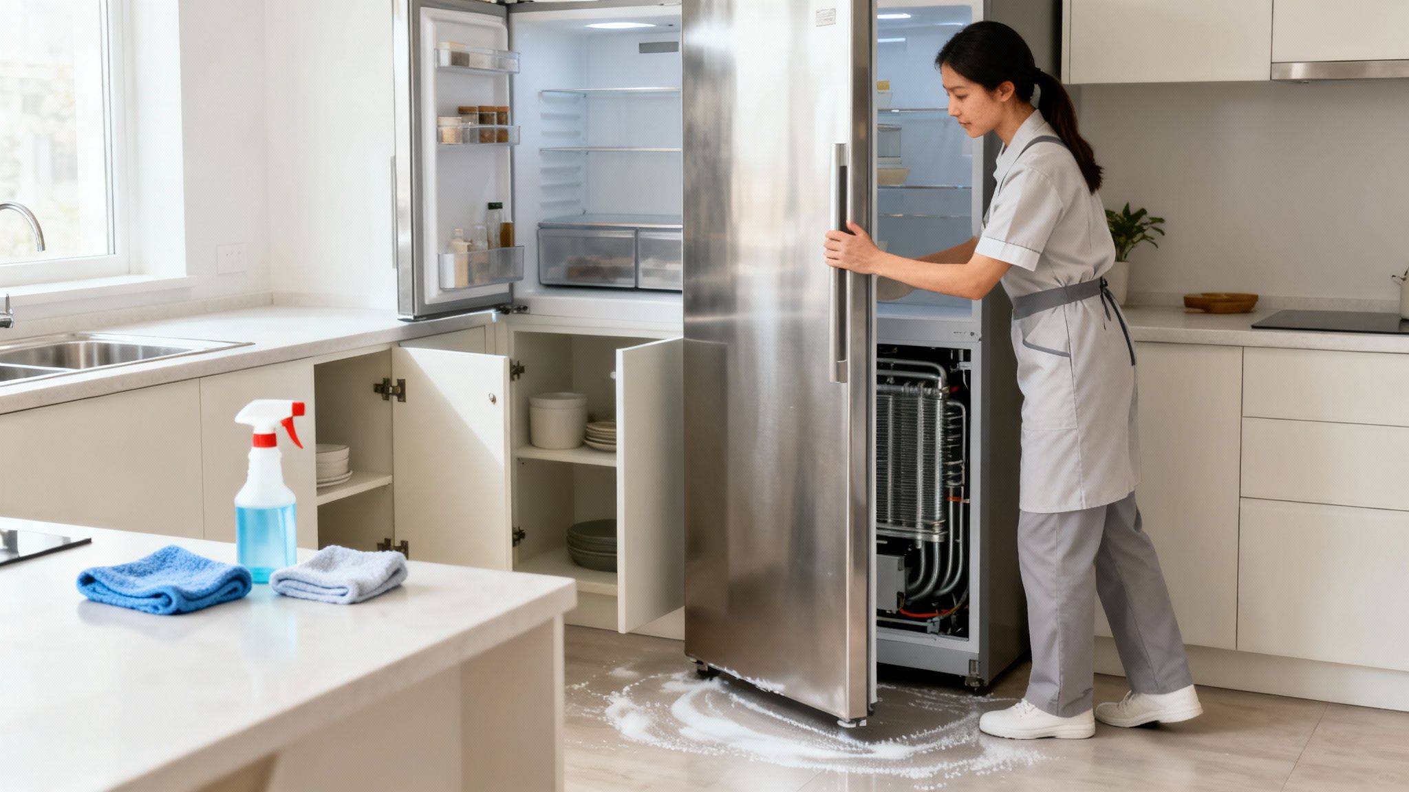 A professional cleaner in a modern kitchen deep cleaning a large stainless steel refrigerator with its components exposed.