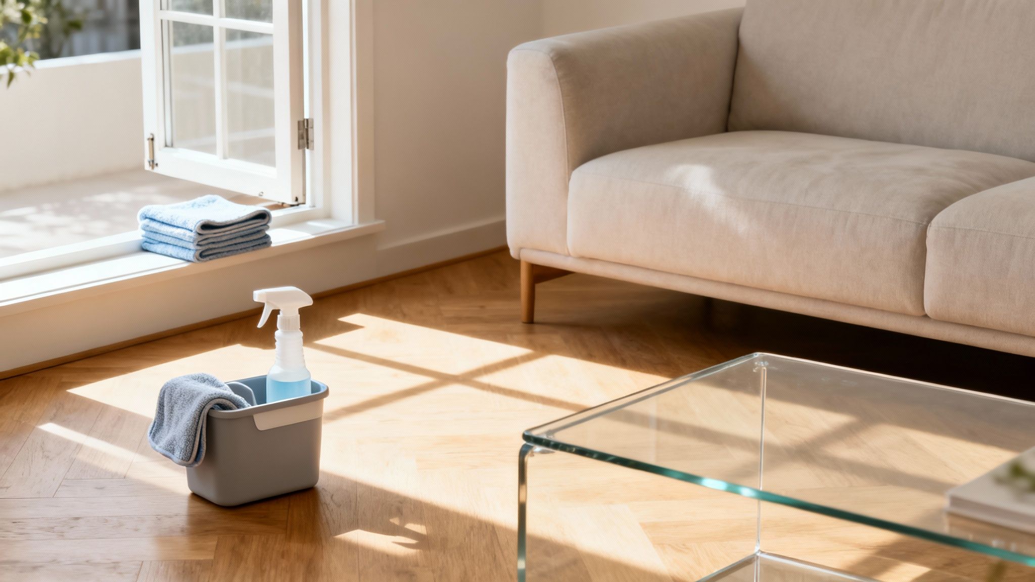 Cleaning caddy with spray bottle and cloths on a bright wooden floor in a sunny room.