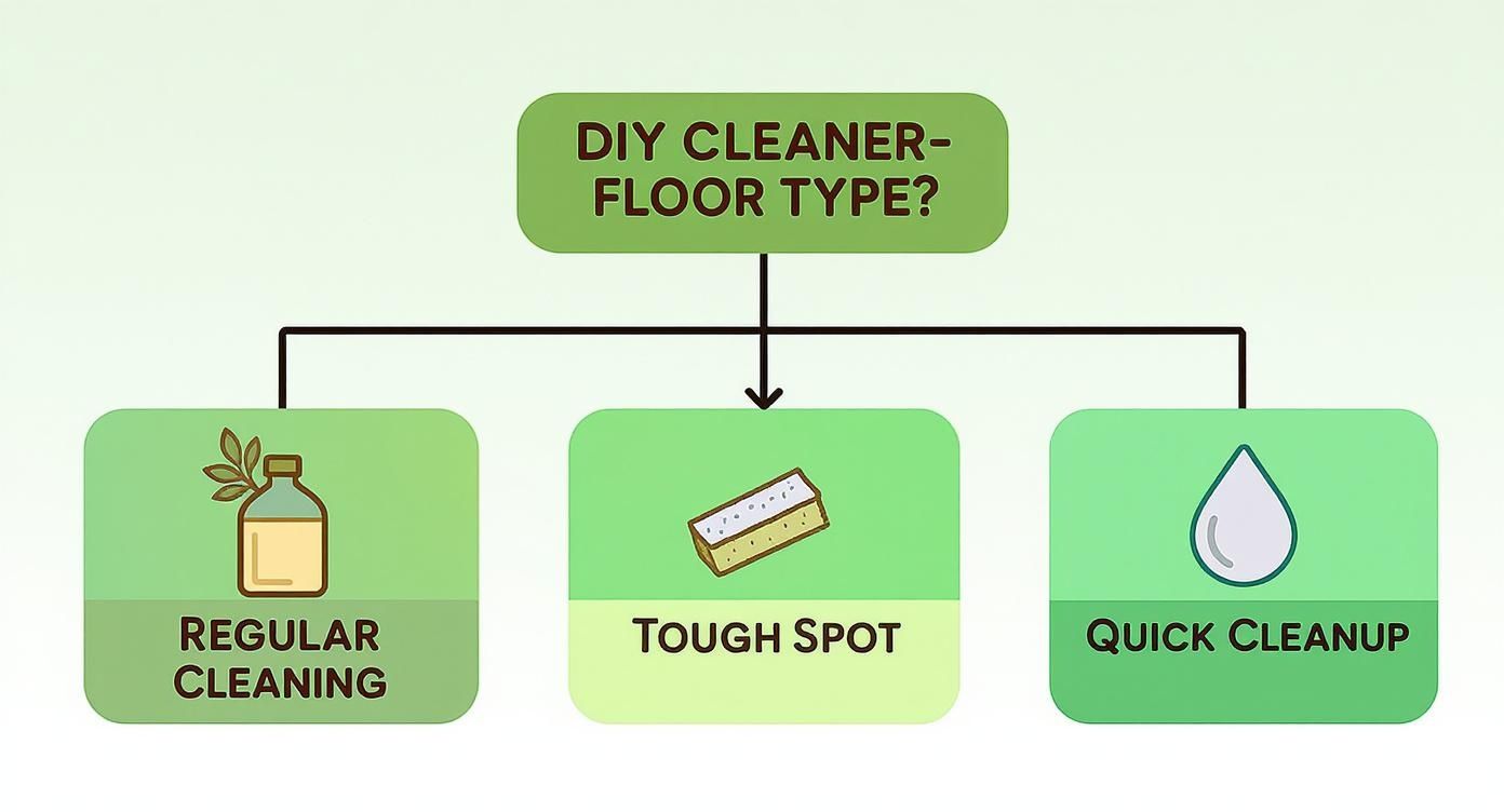 A flowchart showing DIY cleaner types for different floor cleaning needs: regular, tough spot, and quick cleanup.