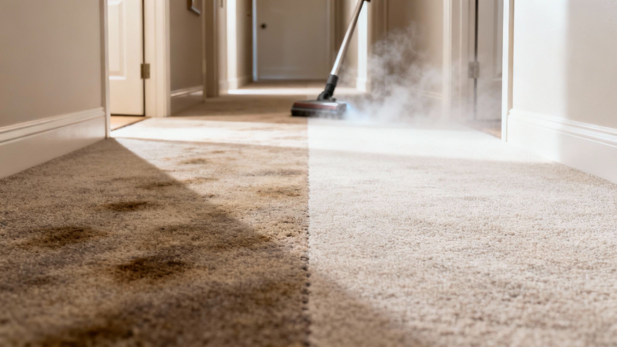 A split image of a hallway carpet, showing a dirty, stained side and a clean, light-colored side after cleaning with steam.