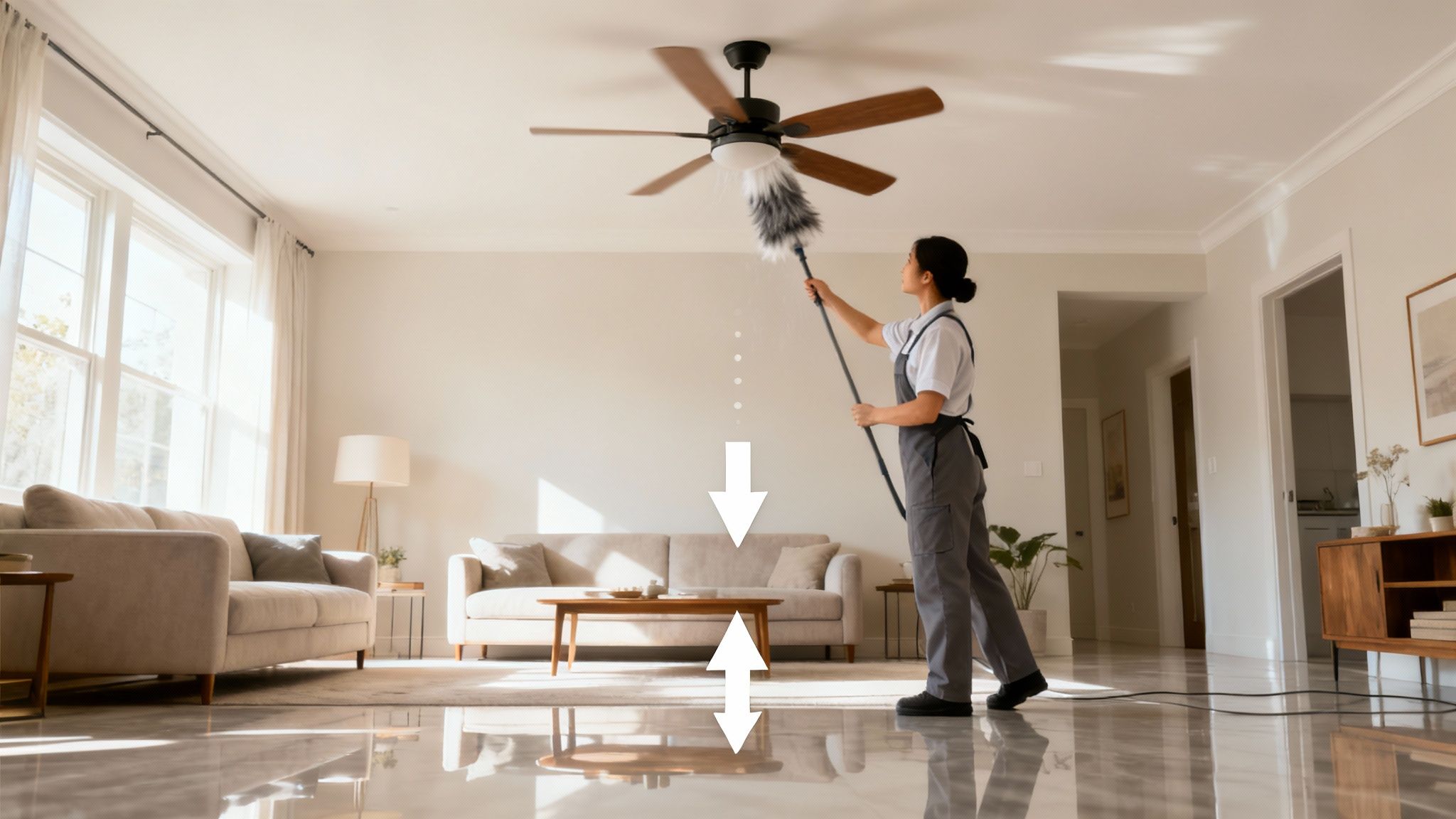 Professional cleaner dusting ceiling fan with extension duster in bright modern living room