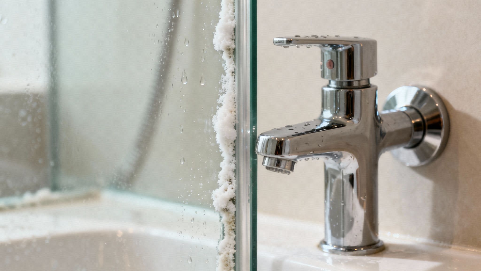 Close-up of a shiny chrome faucet with water droplets next to a glass shower screen covered in white hard water stains.