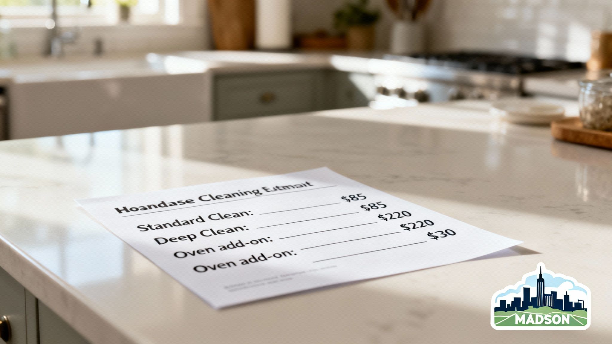 A close-up of a house cleaning estimate sheet on a kitchen counter, detailing various cleaning service prices.