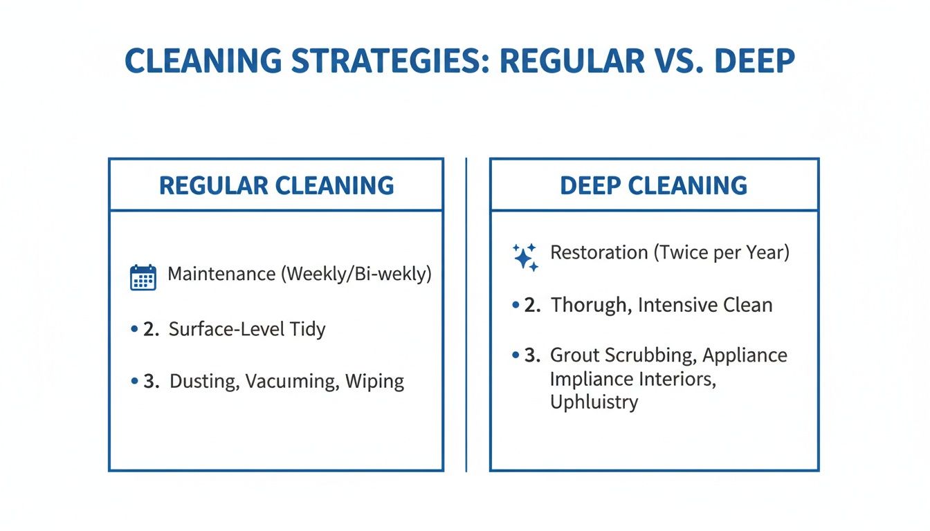 A comparative chart outlining key differences between regular and deep cleaning strategies, including frequency and tasks.