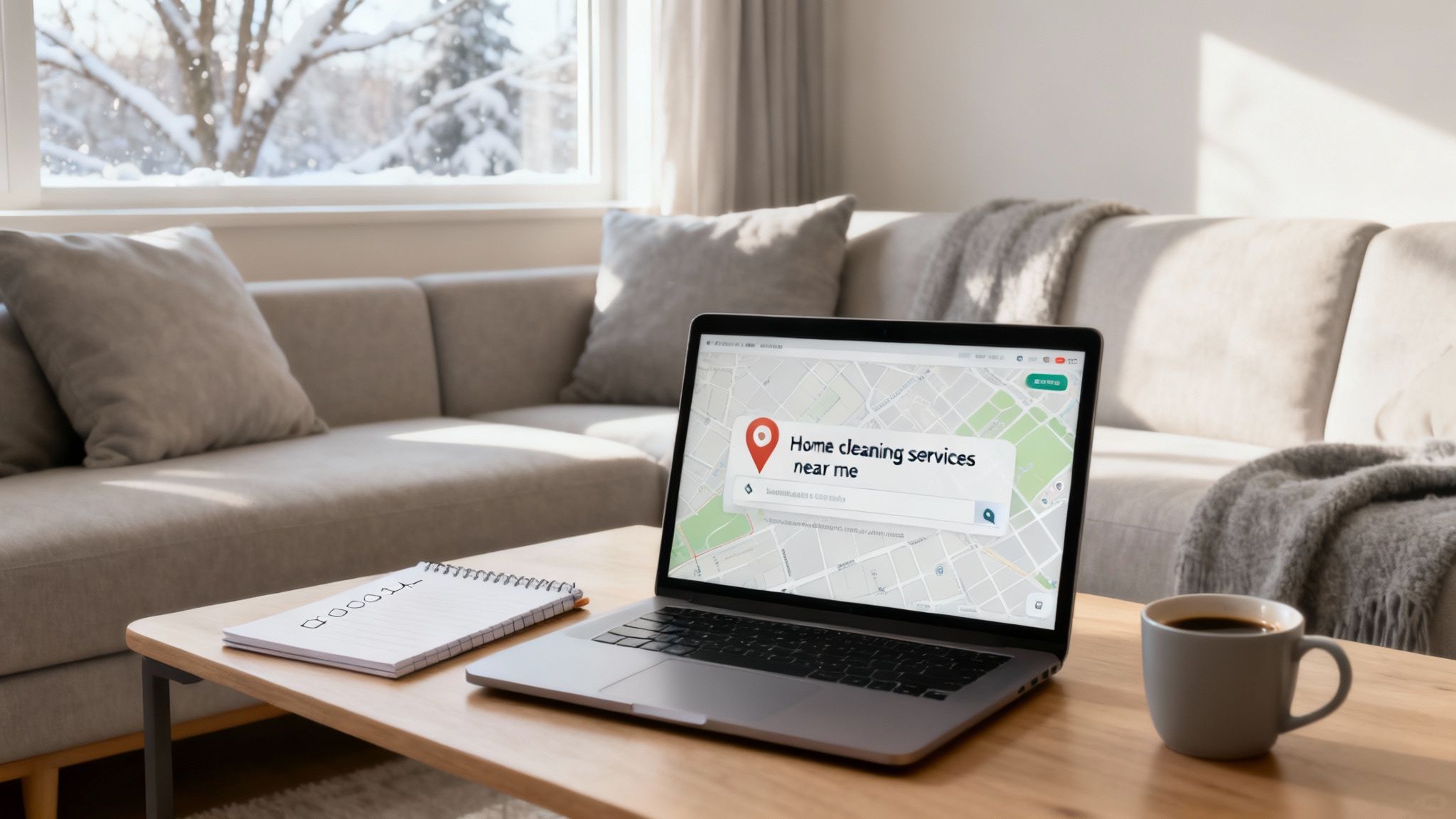 Laptop on a coffee table displaying 'Home cleaning services near me' in a cozy living room.