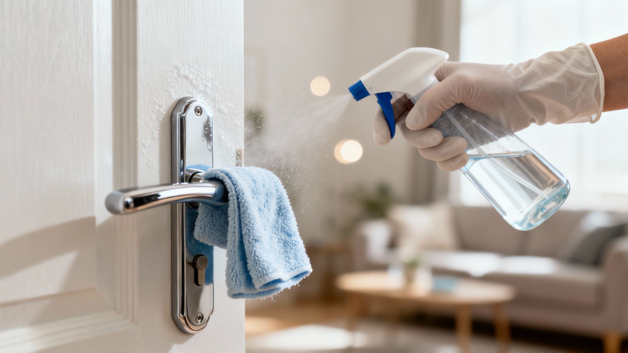 A gloved hand sprays disinfectant on a white door handle with a blue cloth, sanitizing surfaces.