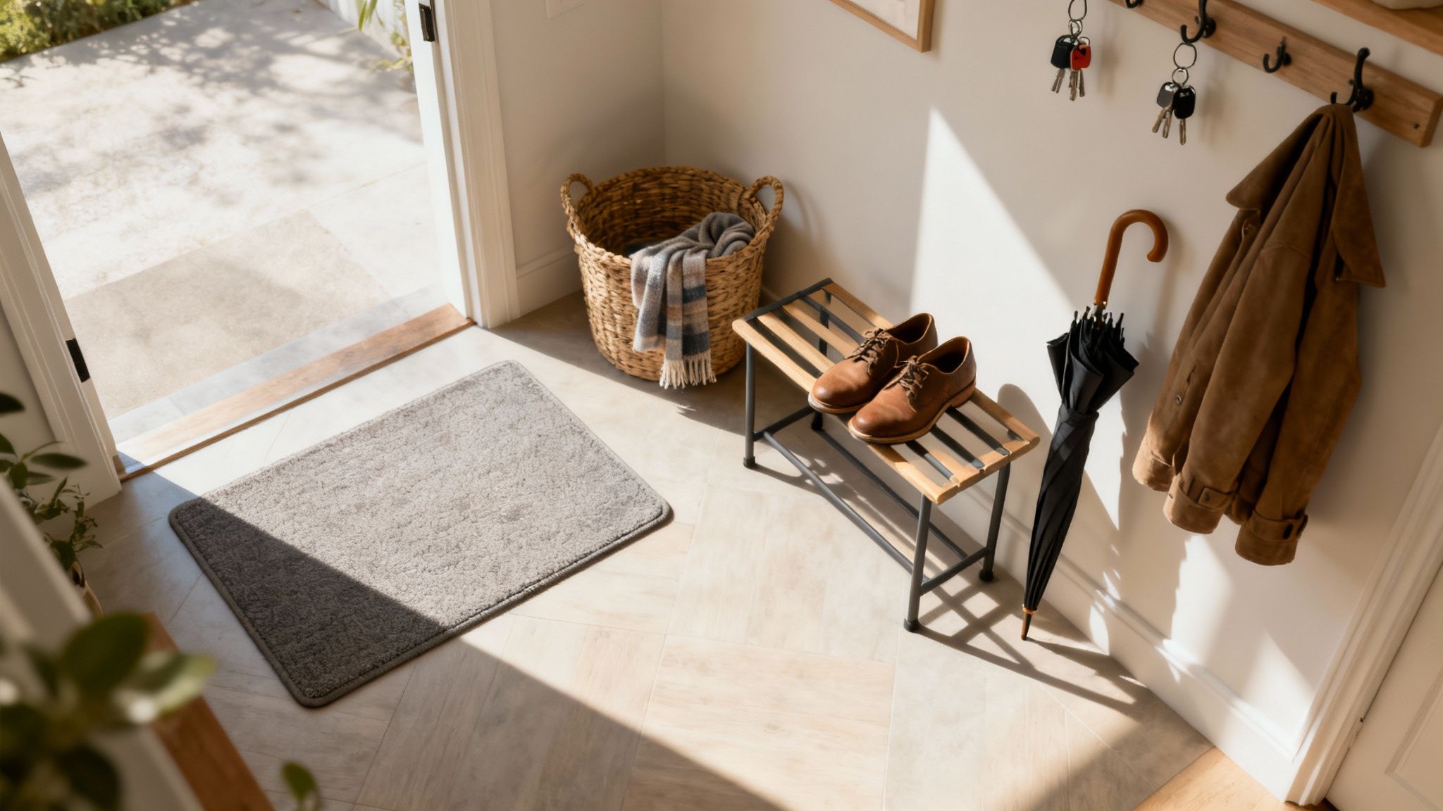 An inviting entryway with a doormat, shoe rack, woven basket, and coat rack in warm sunlight.