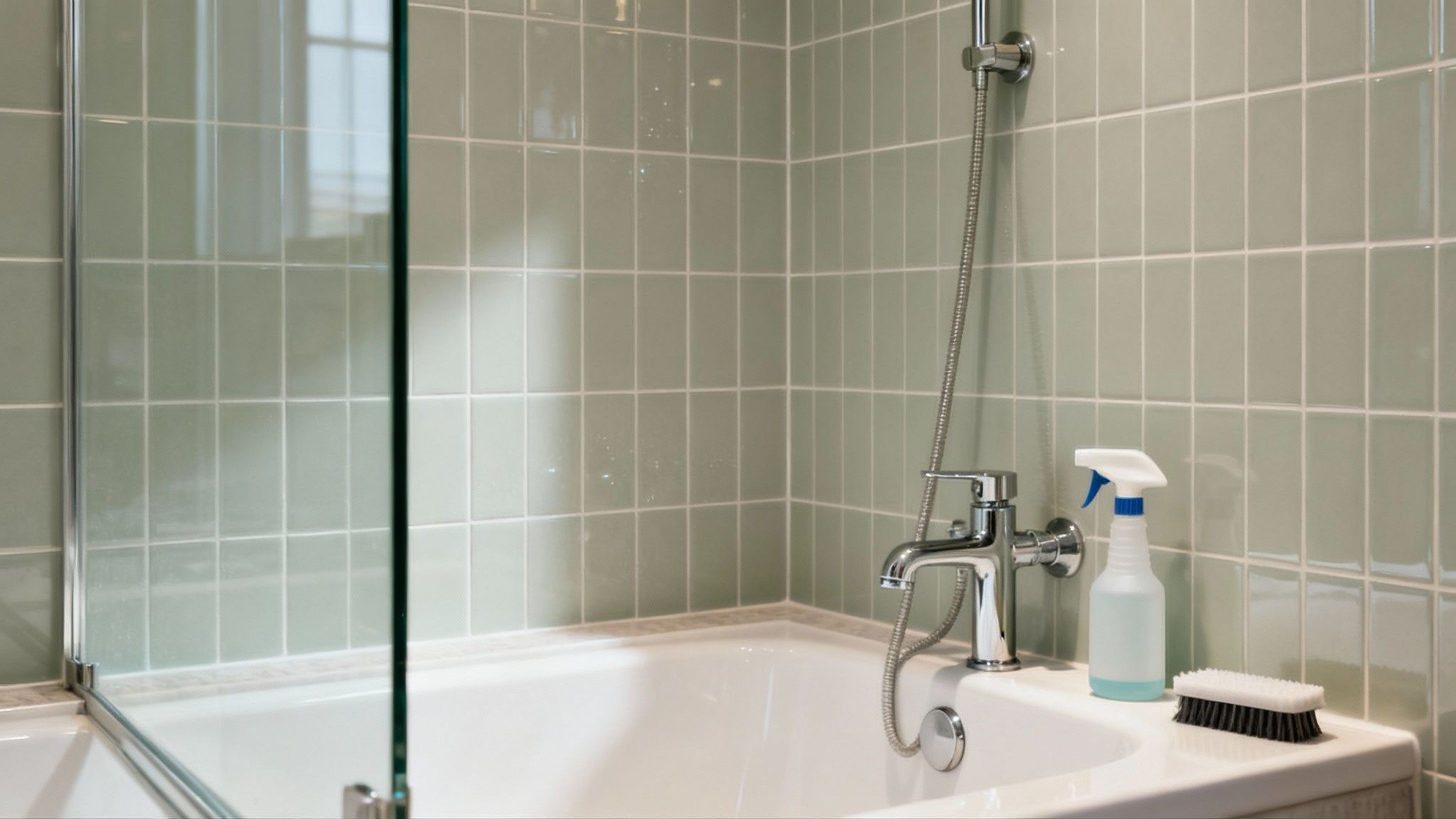 A sparkling clean bathroom with a white bathtub, light green tiles, chrome fixtures, and cleaning supplies.