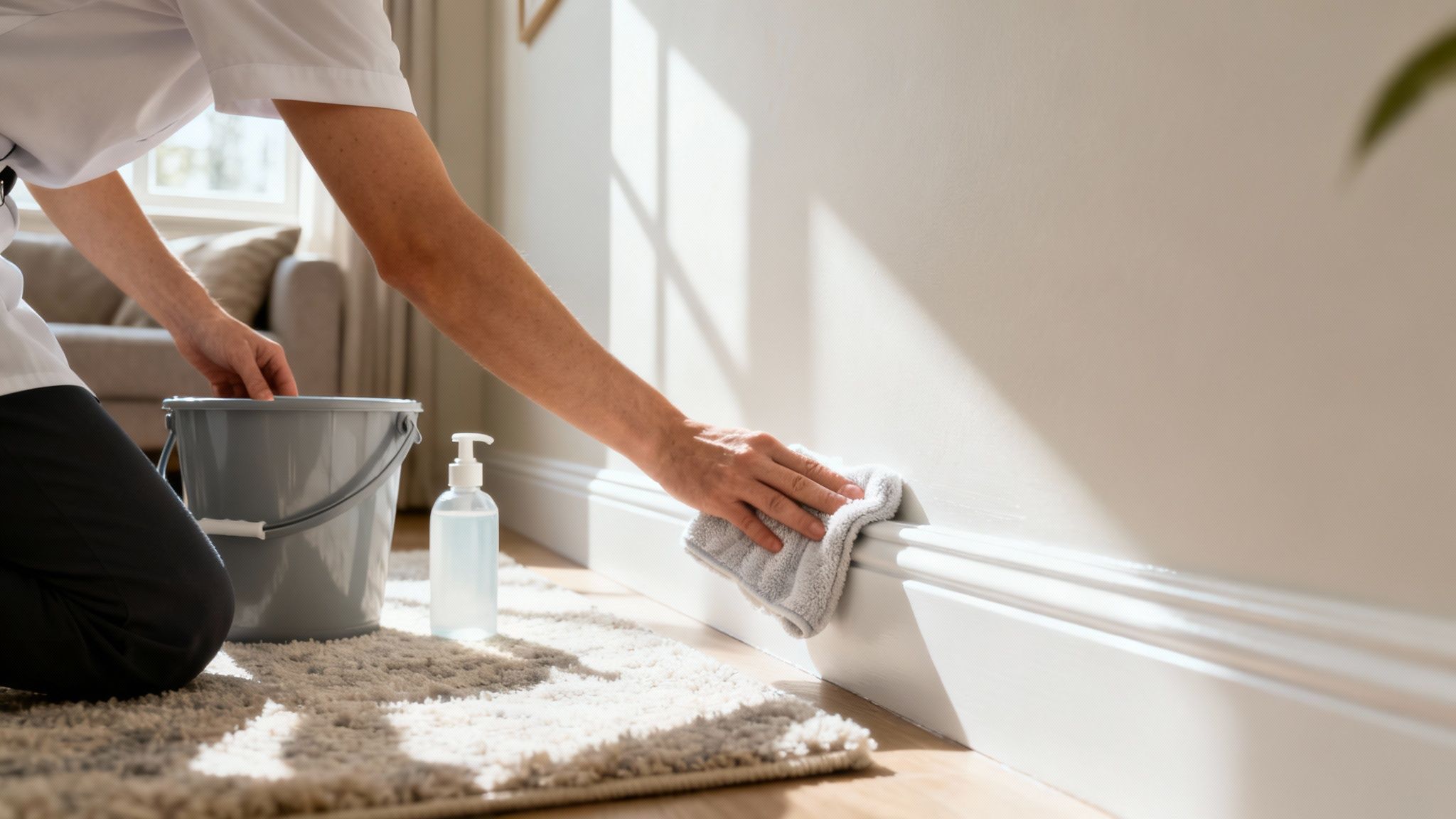 Person in uniform kneeling, cleaning white baseboard with a cloth, next to bucket and cleaning solution.
