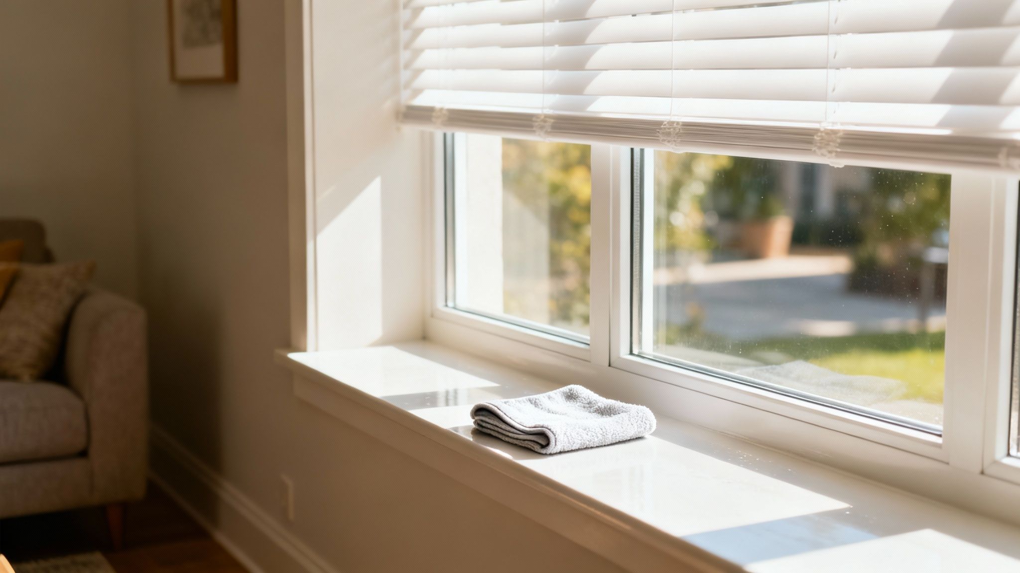 A clean window with white blinds and a grey microfiber cloth on the sill in sunlight.