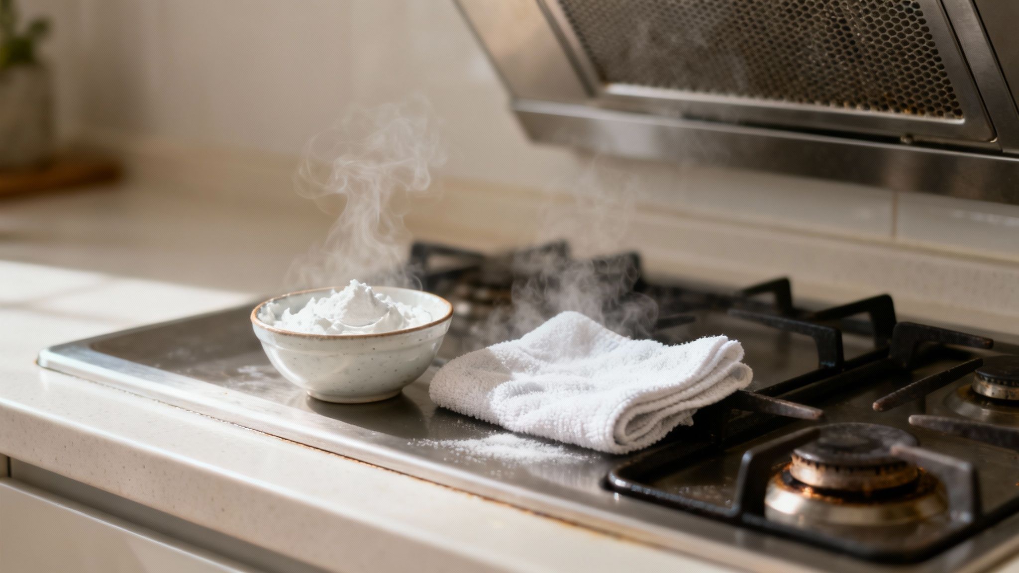 White powder and a cloth on a steaming kitchen stovetop, ready for cleaning grease.