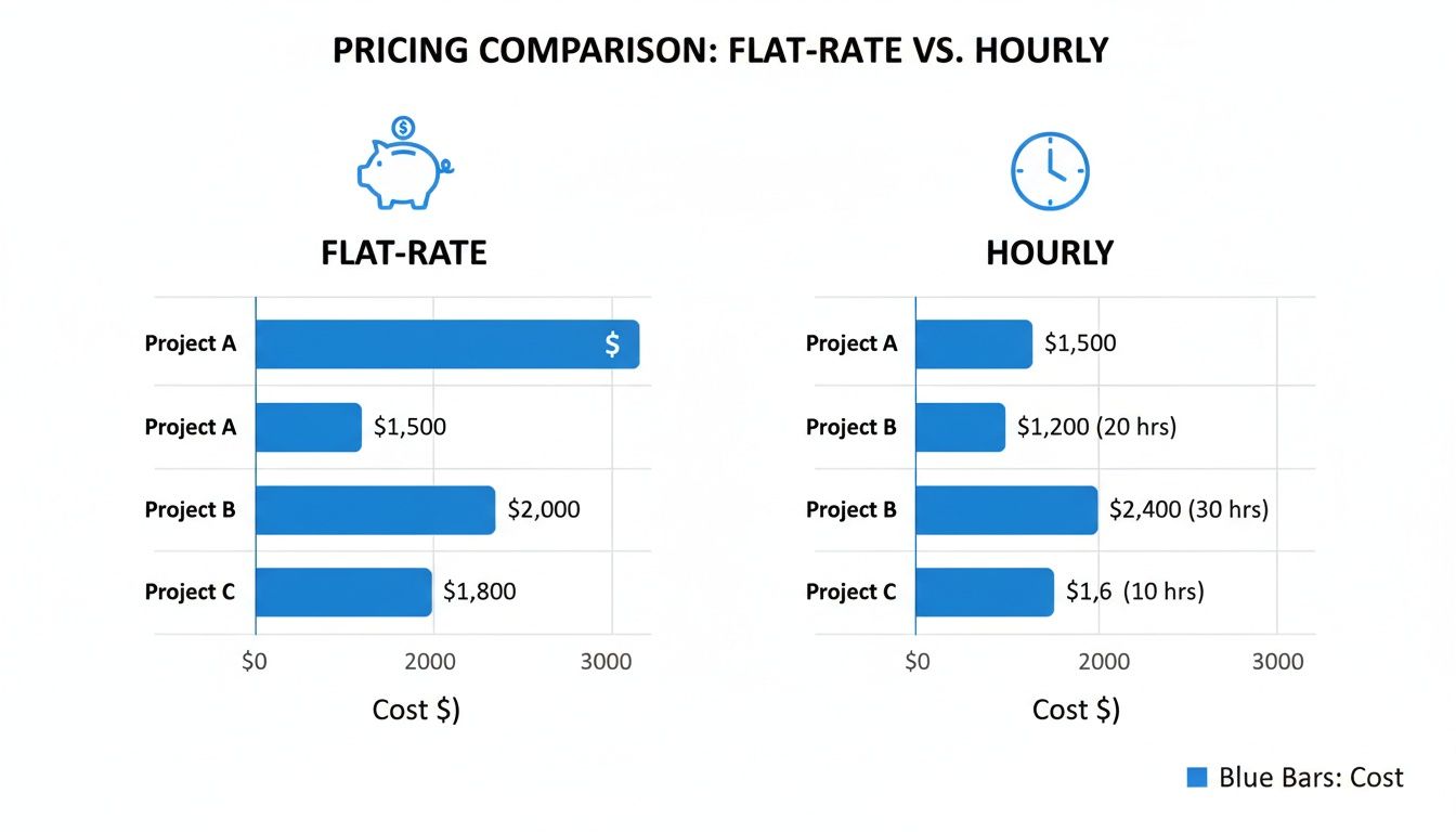 Horizontal bar charts compare flat-rate and hourly pricing models for various projects, displaying project costs.