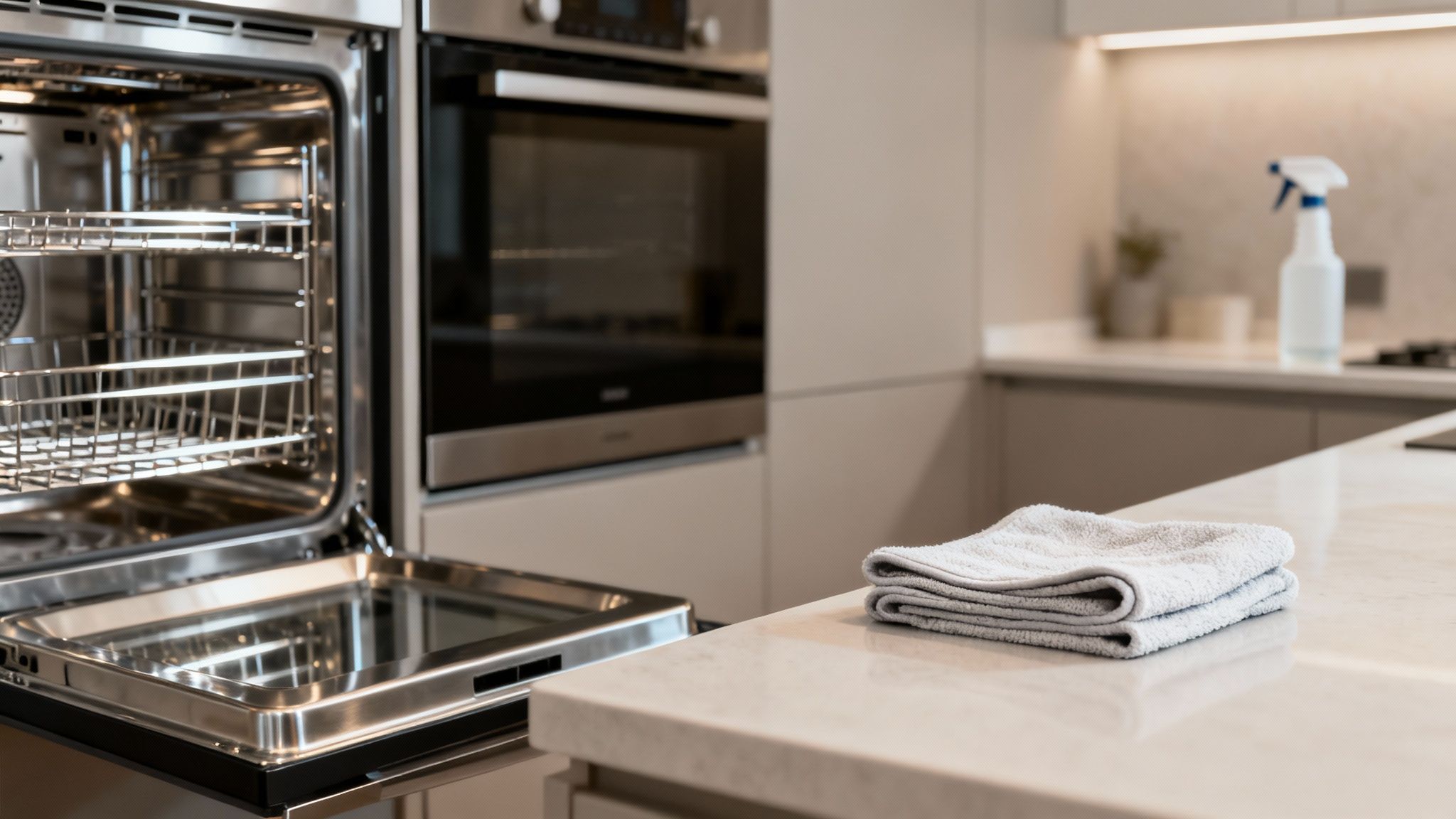 A sparkling clean kitchen with an open oven, shining racks, and a folded microfiber cloth on the counter.