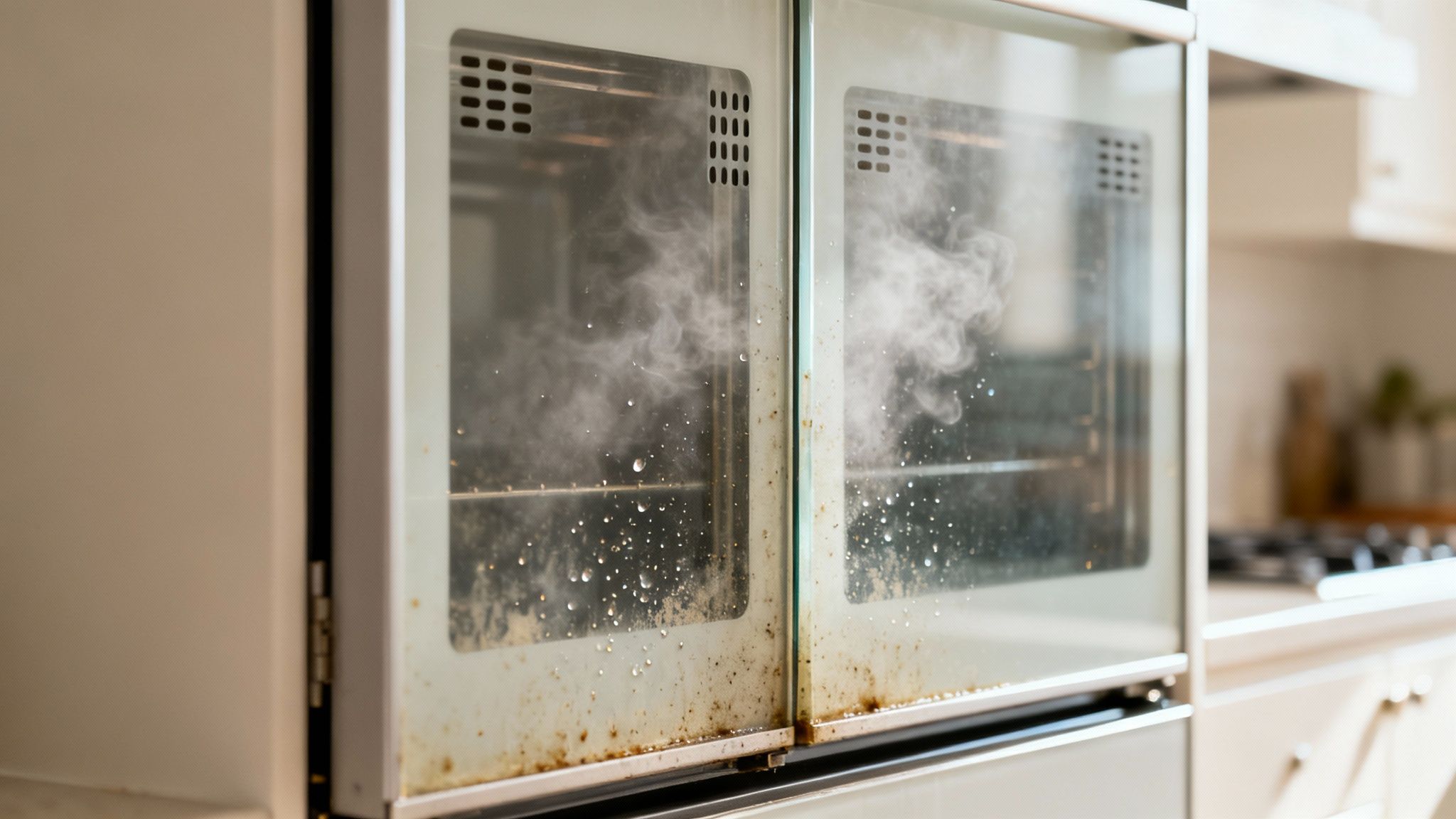 Close-up of dirty oven doors with steam and water droplets, suggesting a cleaning process.