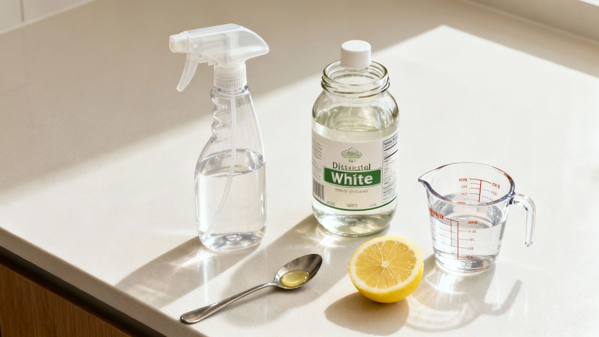 White vinegar, lemon, spray bottle, and measuring cup for natural cleaning solutions on a countertop.