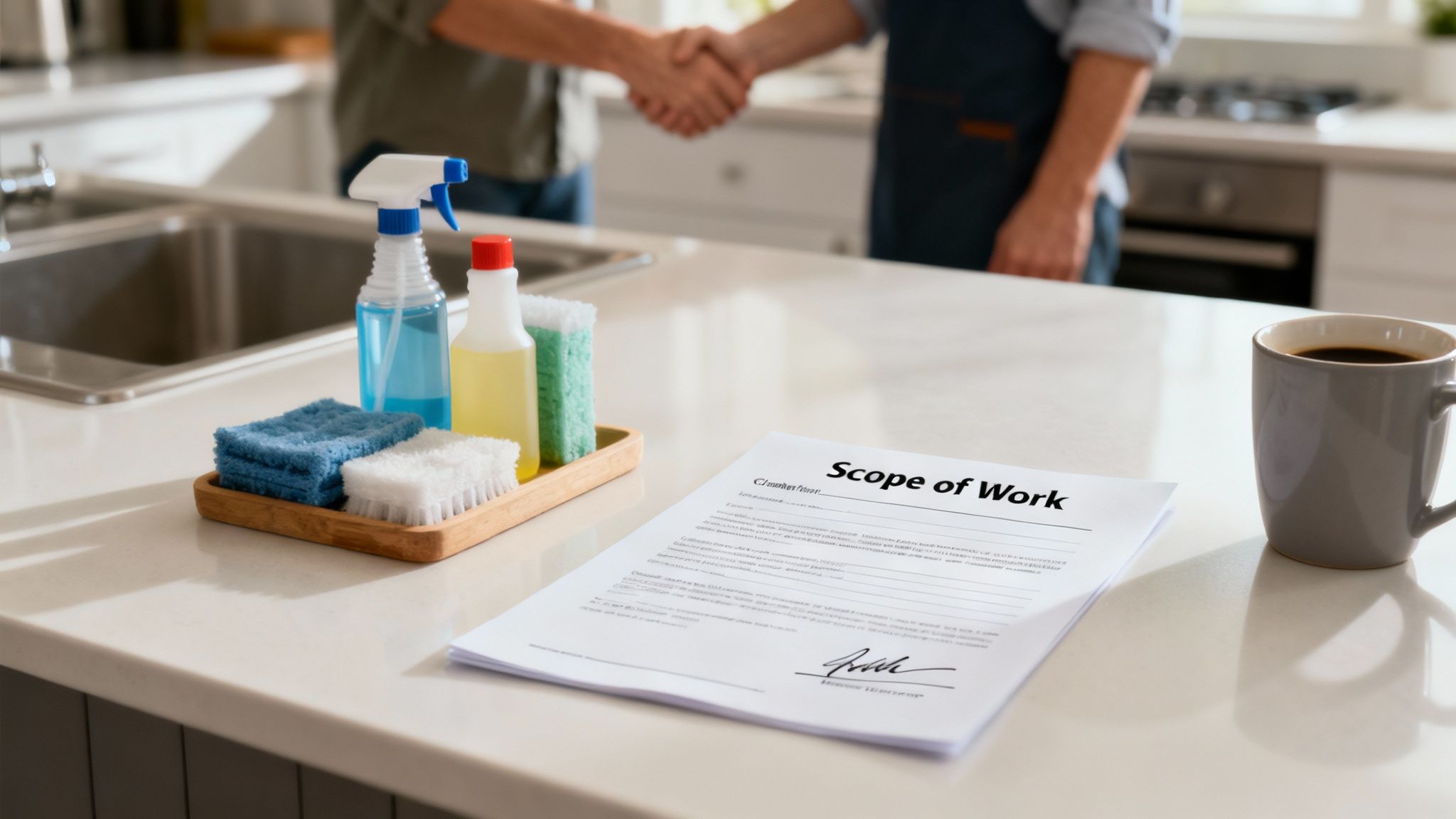Signed scope of work contract with cleaning supplies on kitchen counter during professional handshake