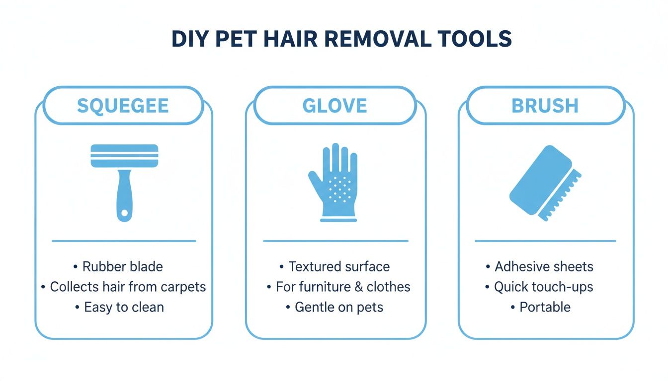 Infographic displaying three DIY pet hair removal tools: squeegee, glove, and brush with descriptions.